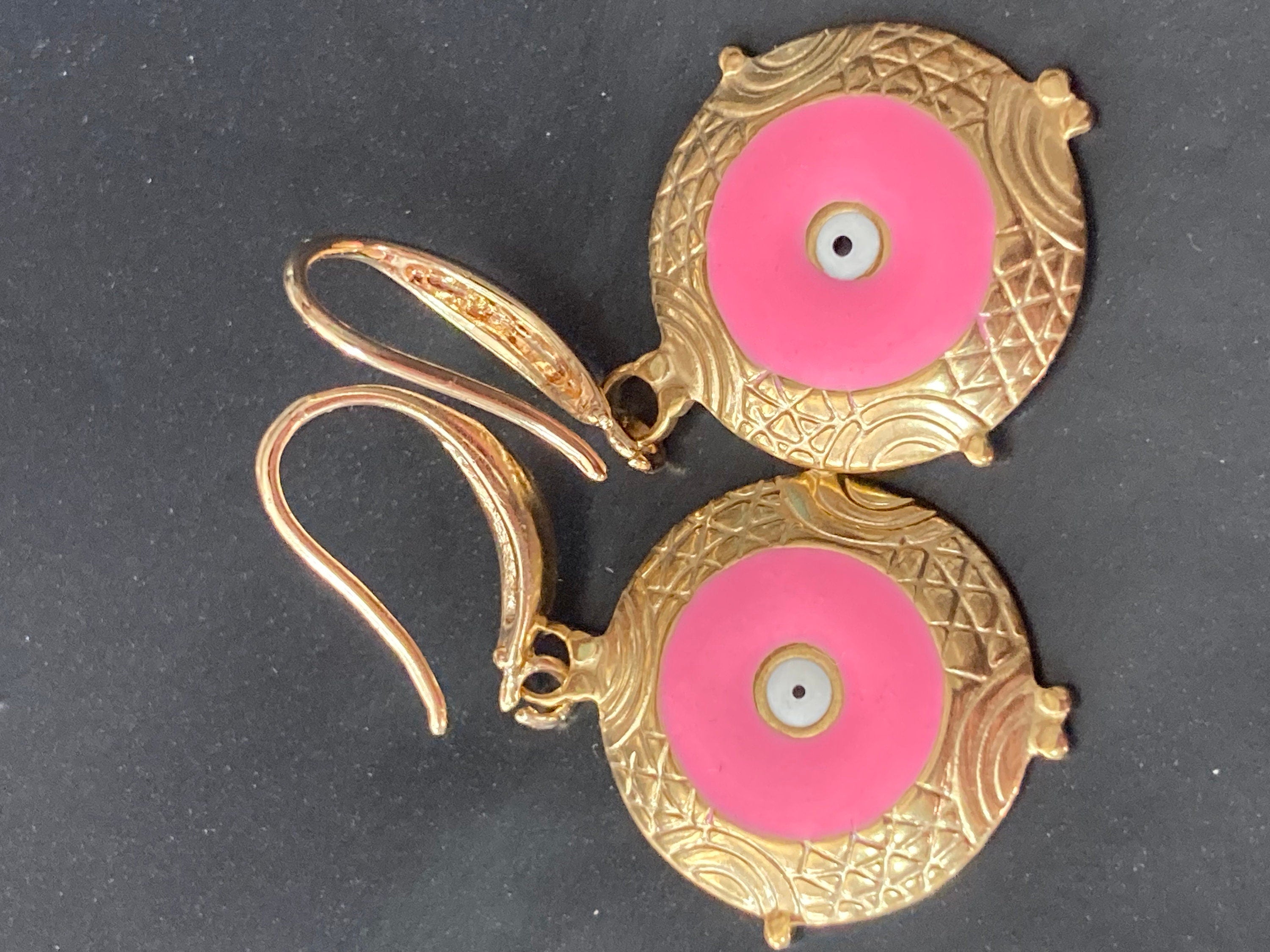 18k gold plated pink enamel third eye Victorian charm drop earrings
