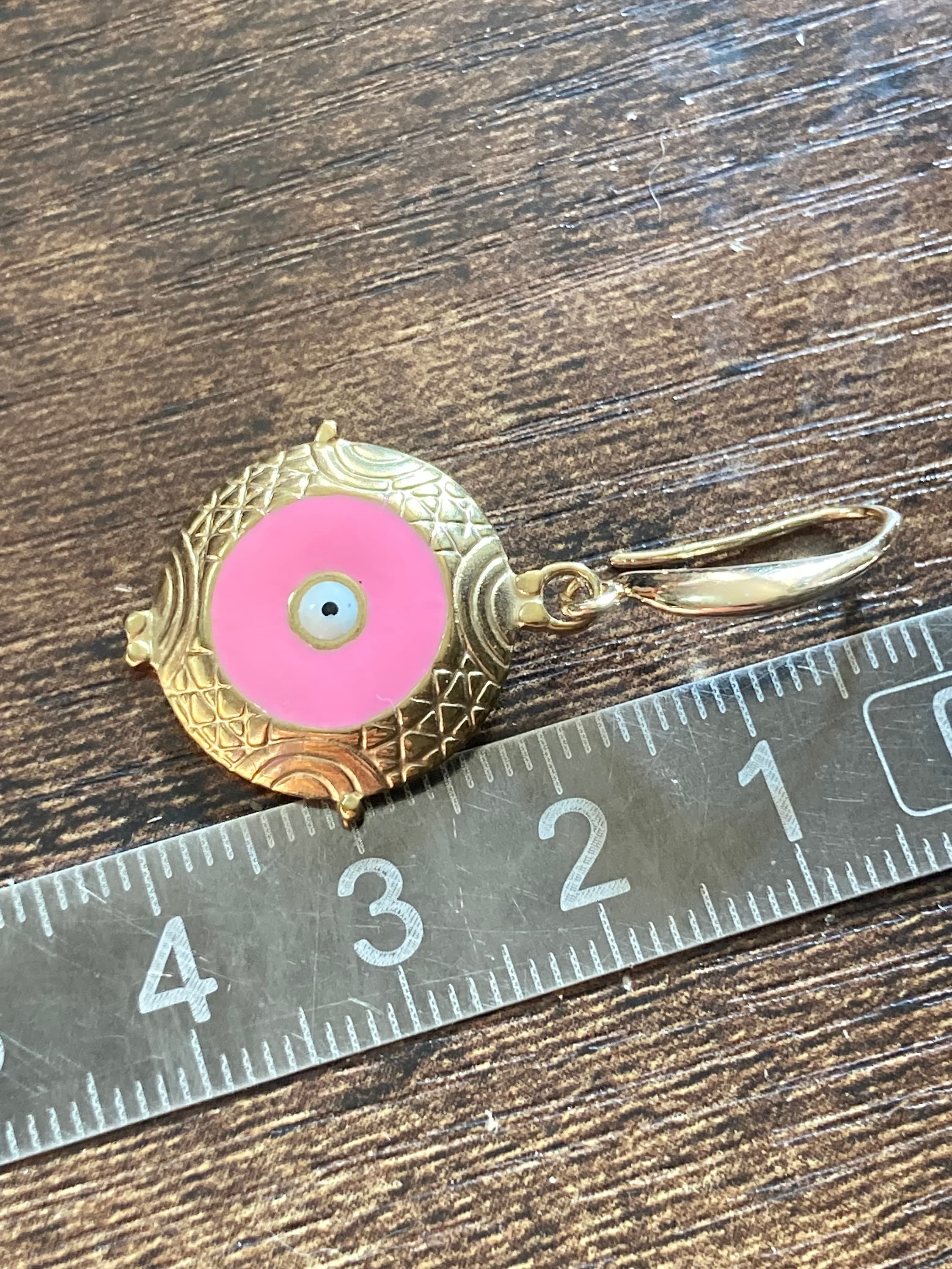 18k gold plated pink enamel third eye Victorian charm drop earrings