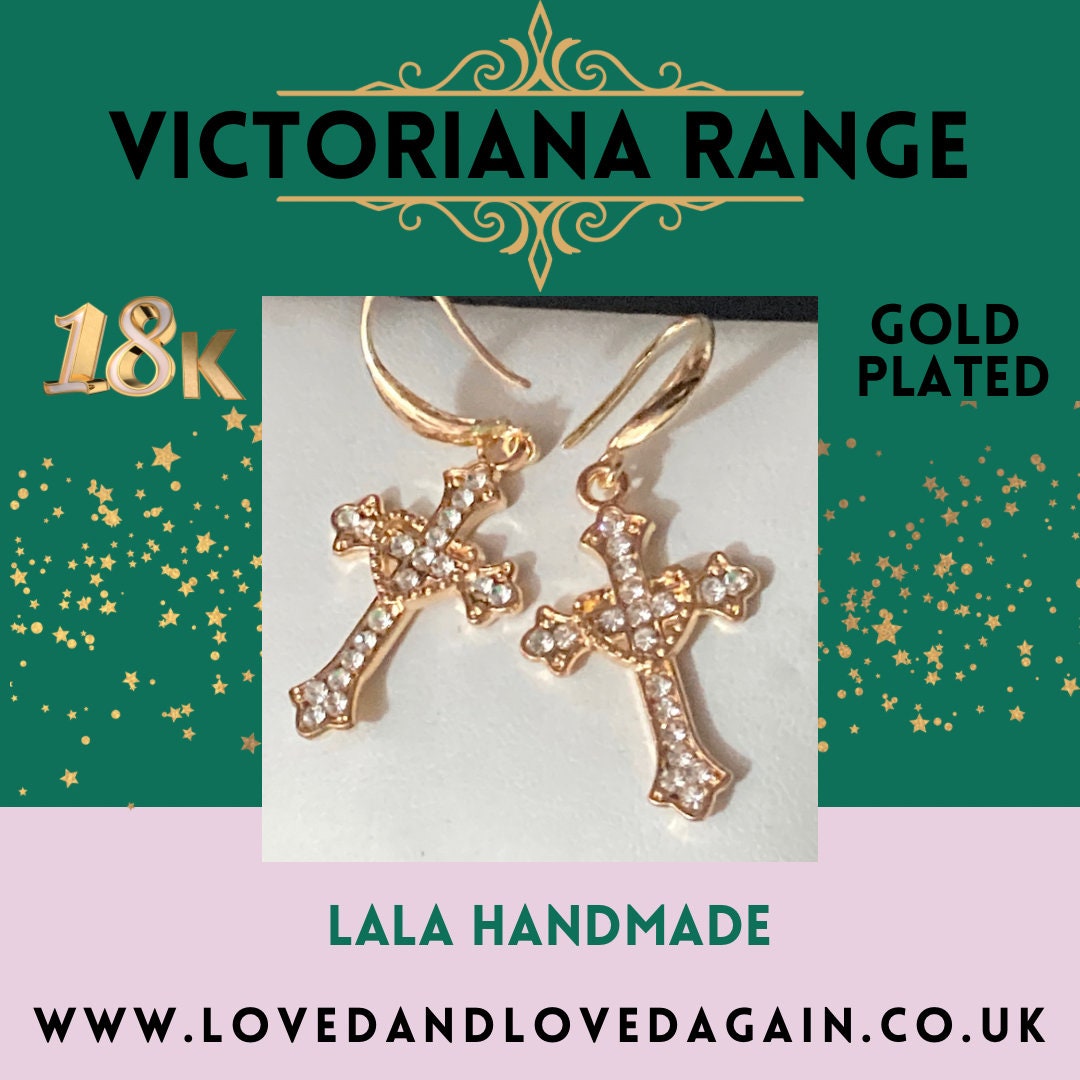 18k gold plated clear diamanté crystal religious cross earrings