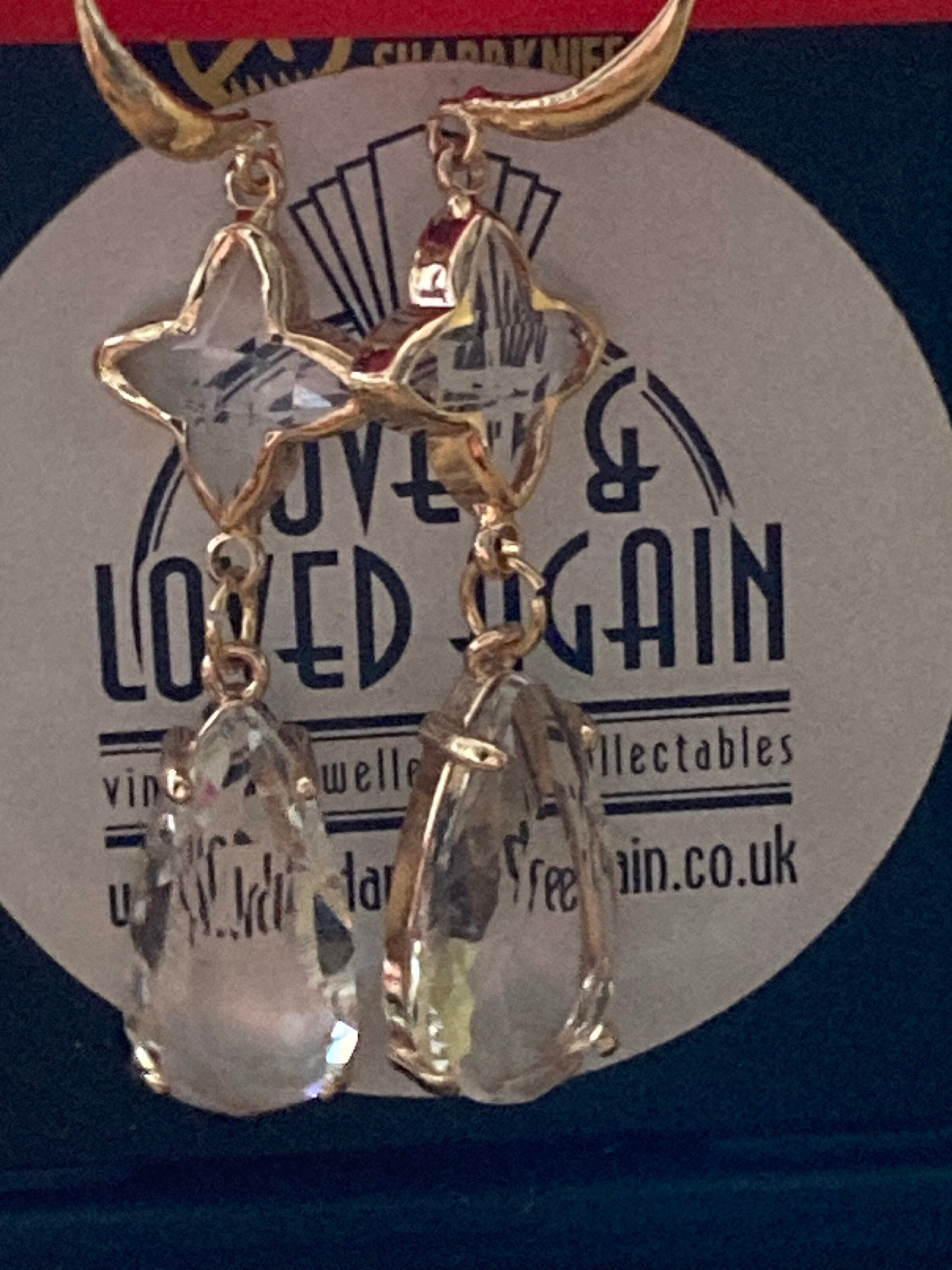 18k gold plated clear crystal teardrop clover charm dangly earrings pierced