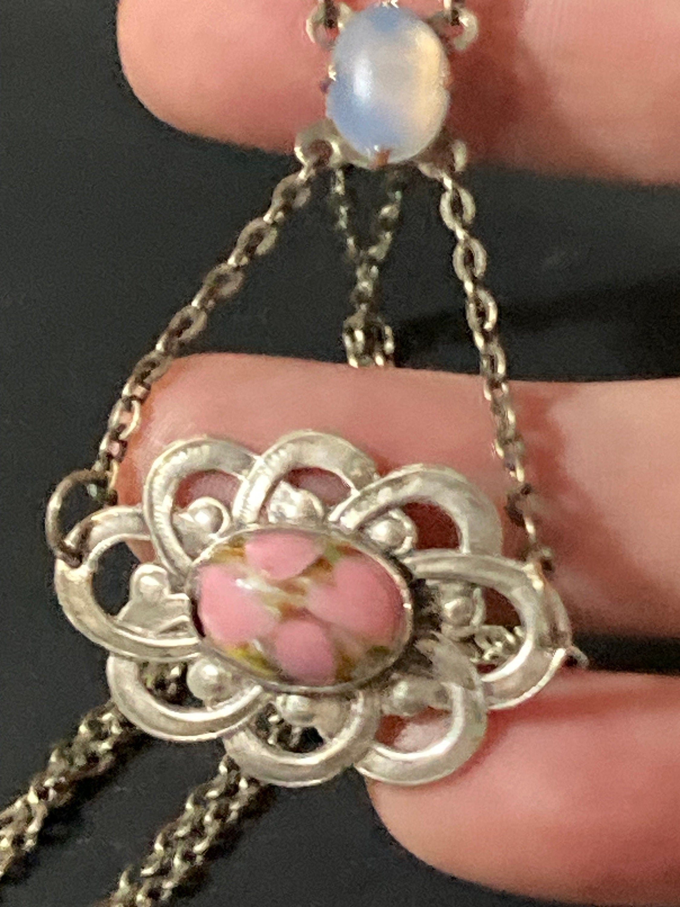 Antique part sterling silver 925 art nouveau lariat opaline pink gemstone drop necklace