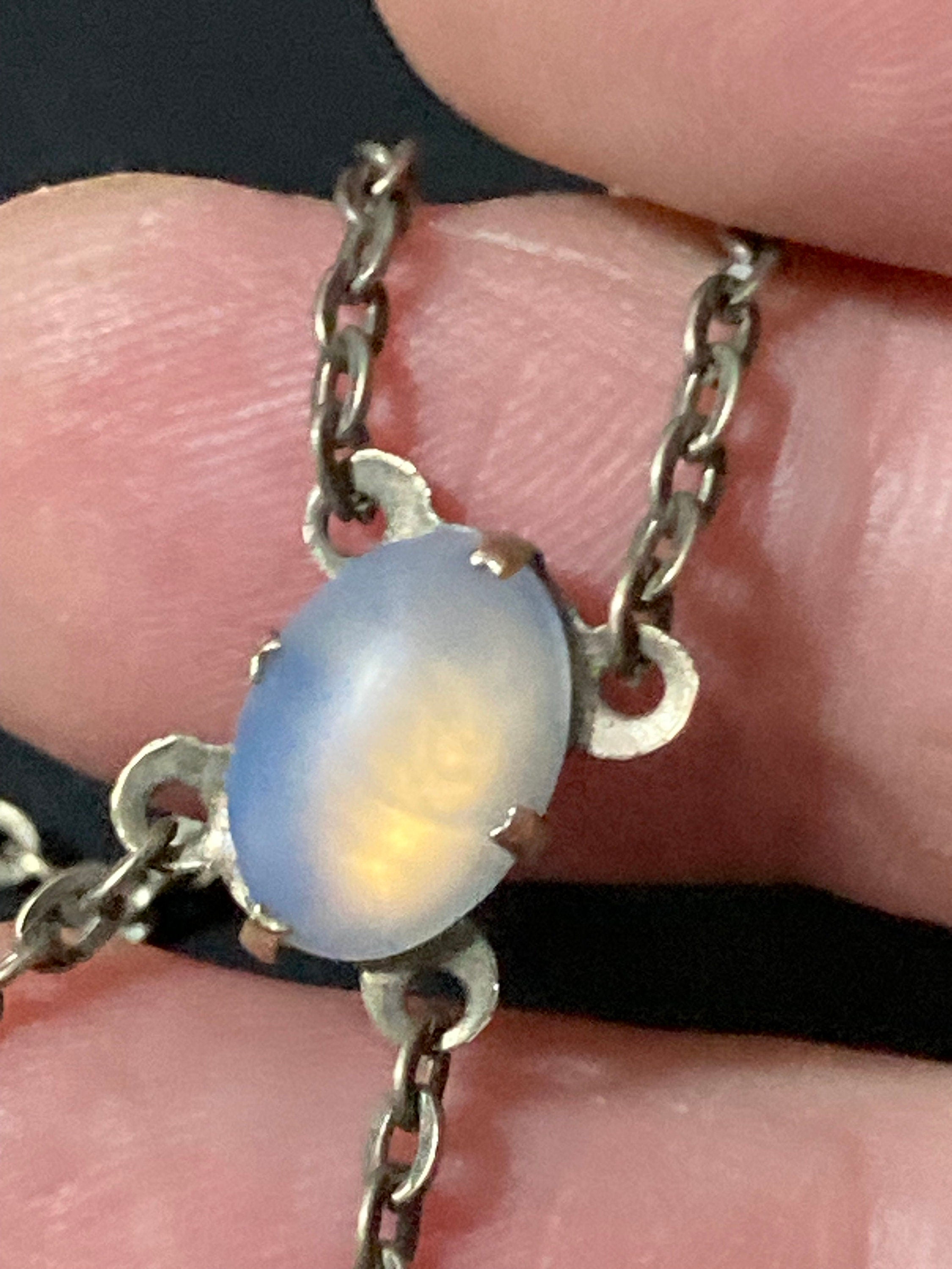 Antique part sterling silver 925 art nouveau lariat opaline pink gemstone drop necklace