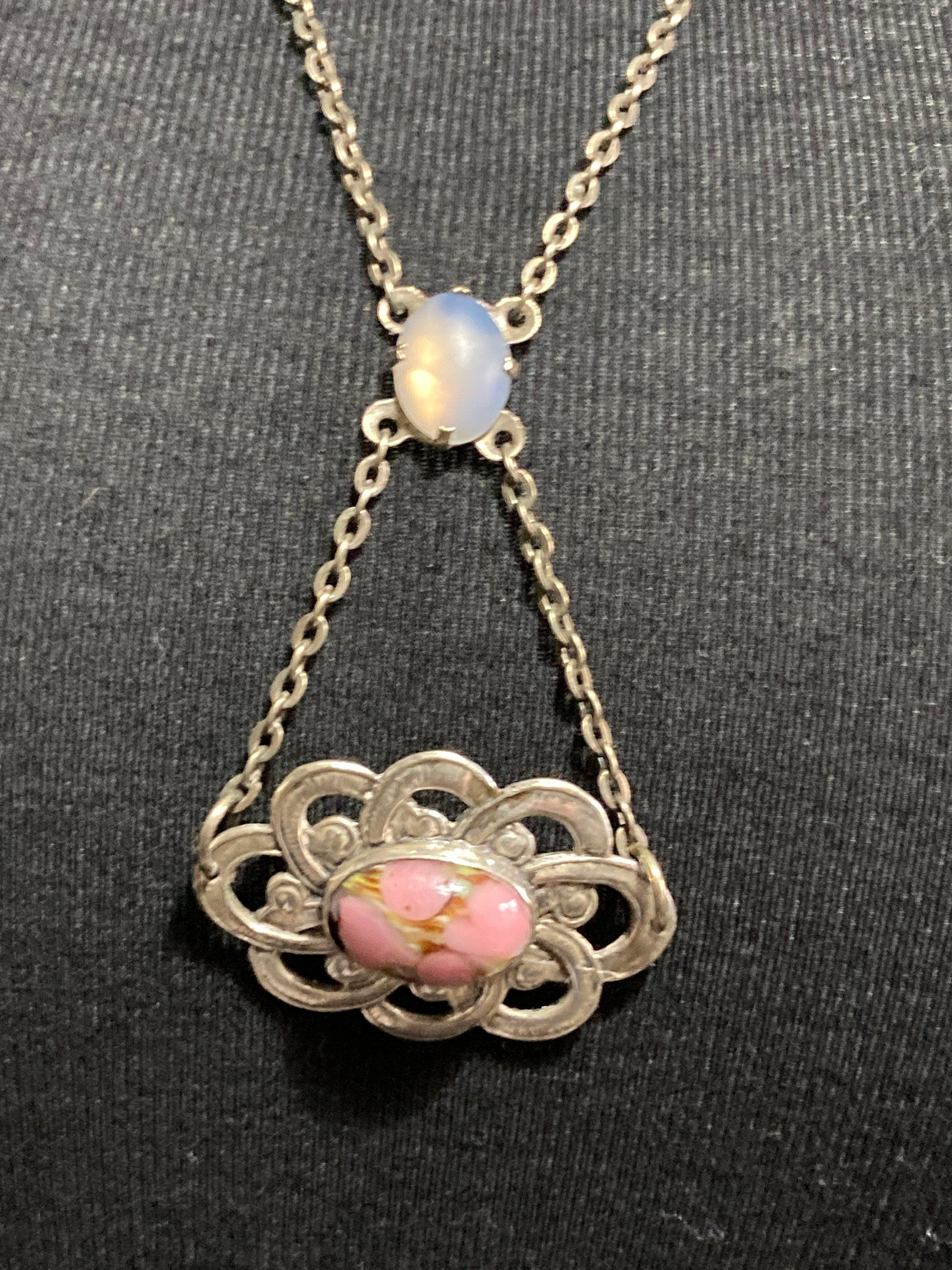 Antique part sterling silver 925 art nouveau lariat opaline pink gemstone drop necklace