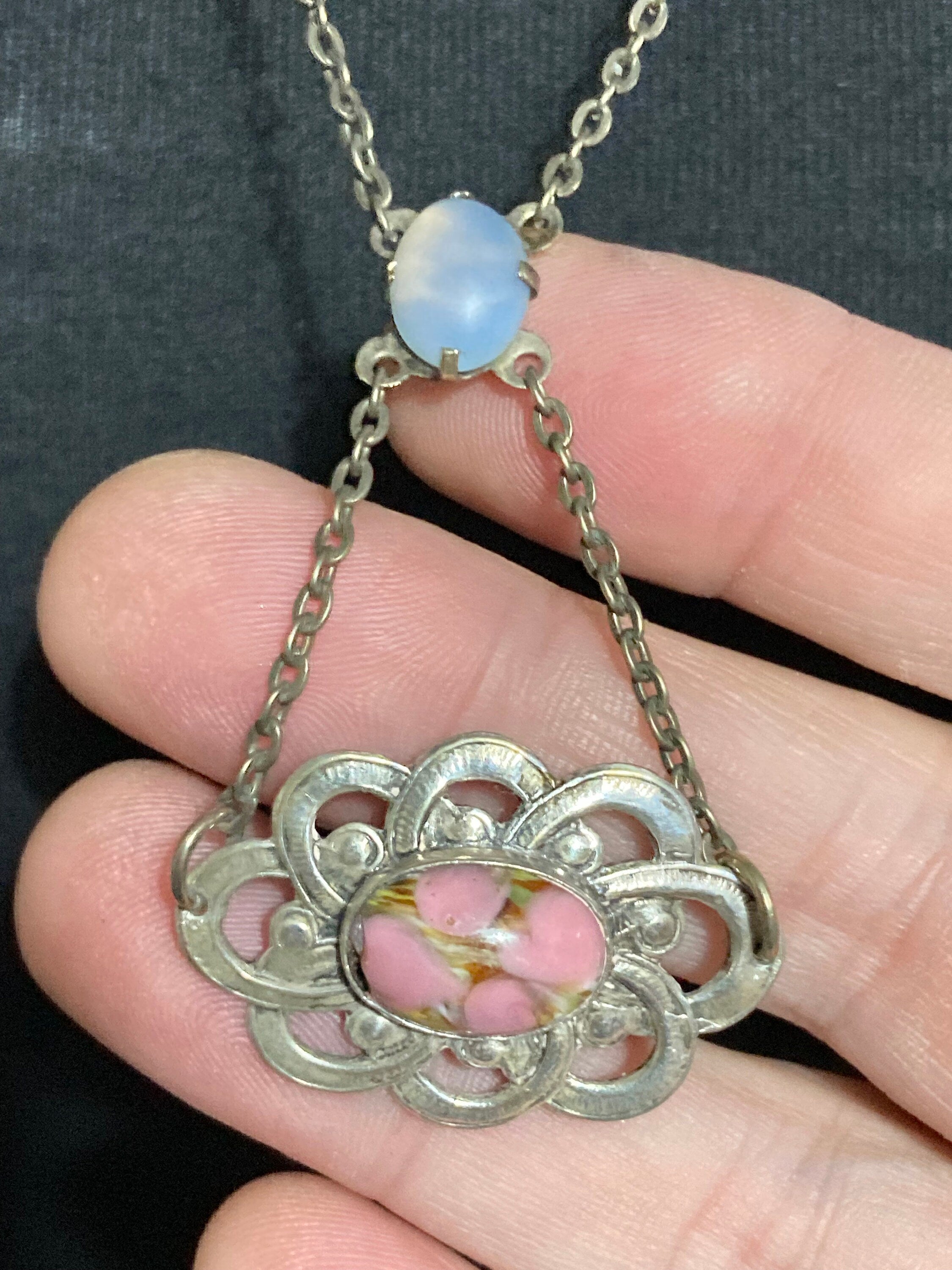 Antique part sterling silver 925 art nouveau lariat opaline pink gemstone drop necklace