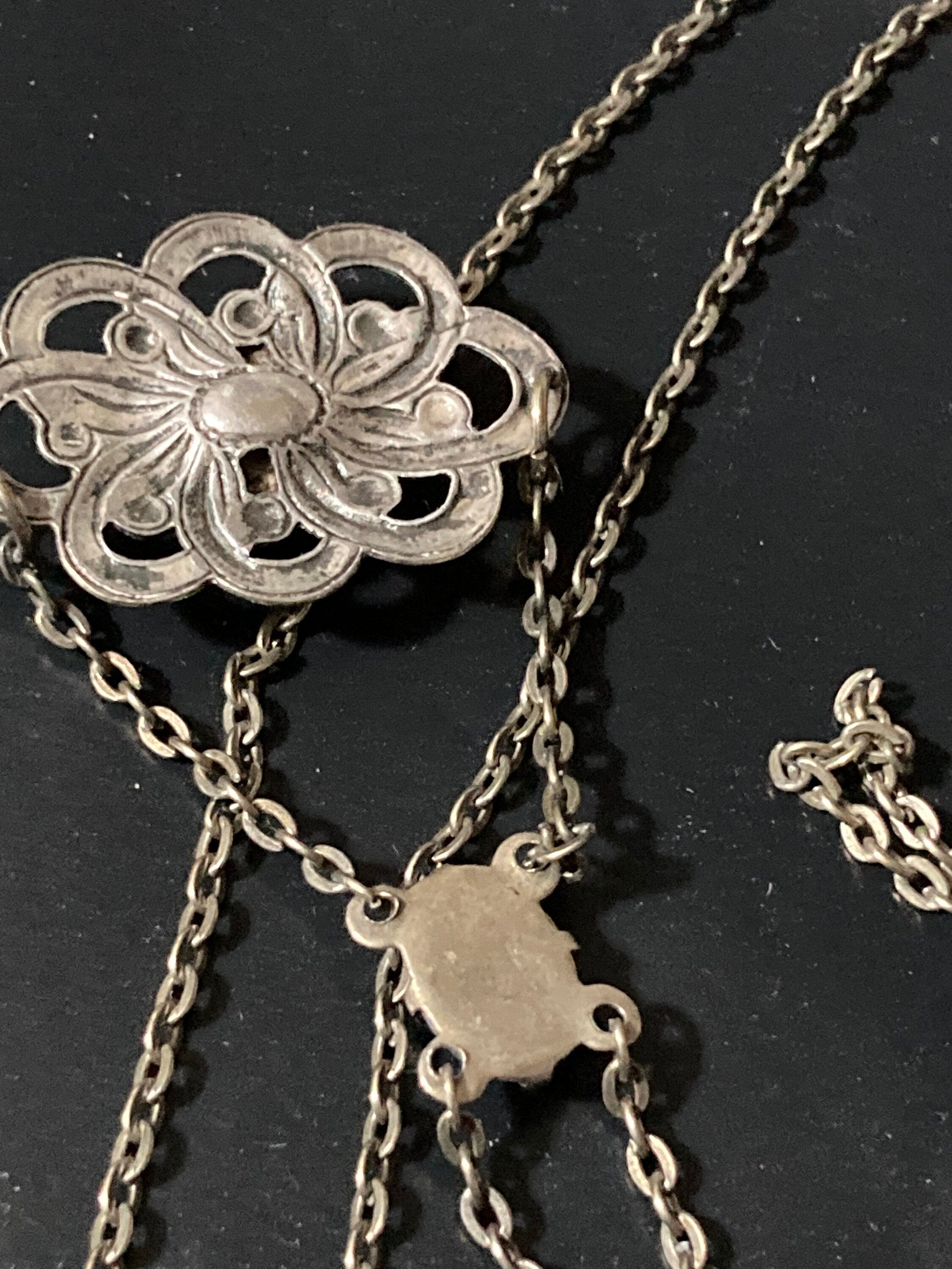 Antique part sterling silver 925 art nouveau lariat opaline pink gemstone drop necklace