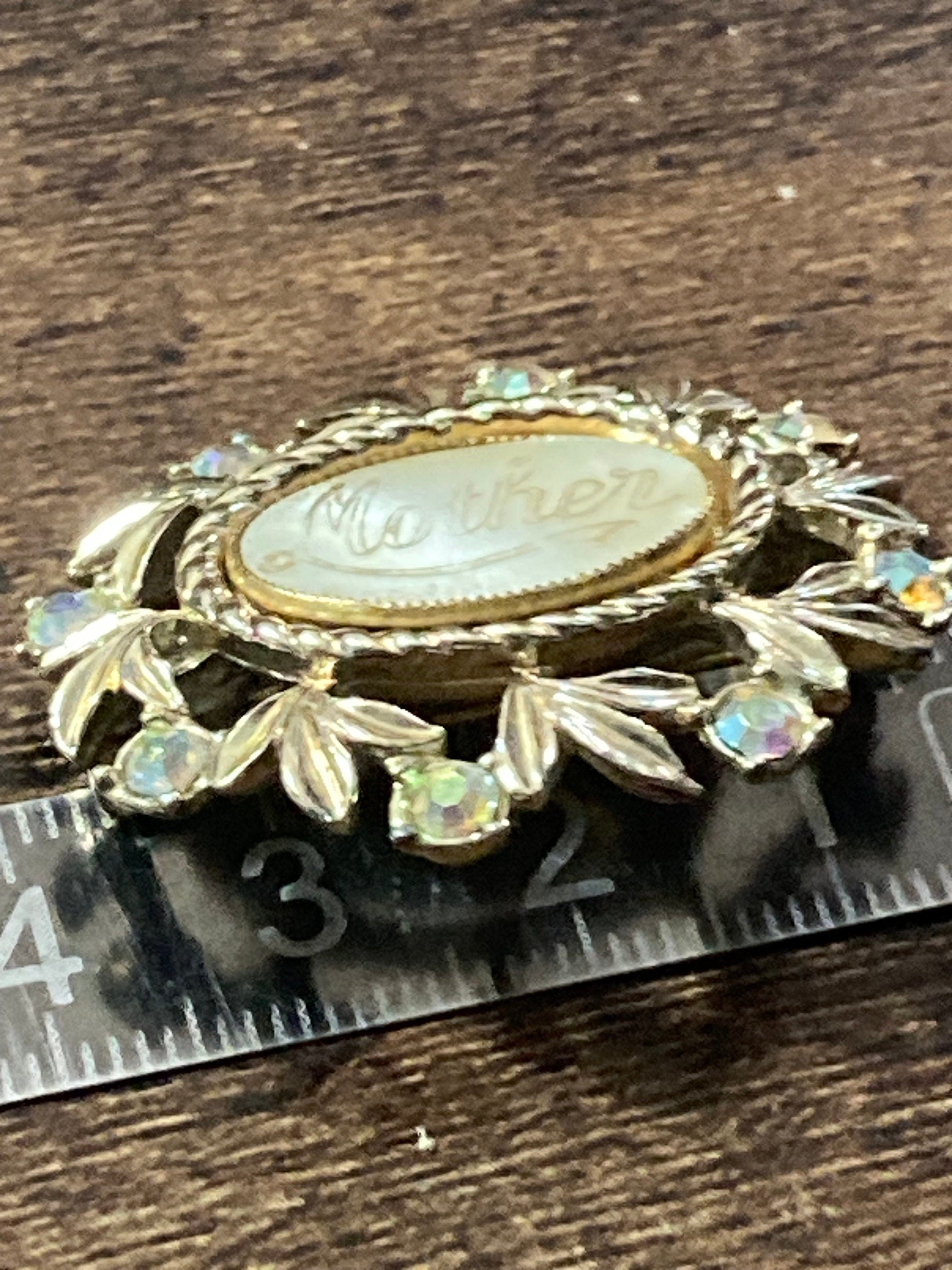 Vintage pearl MOP shell AB rhinestone mother brooch