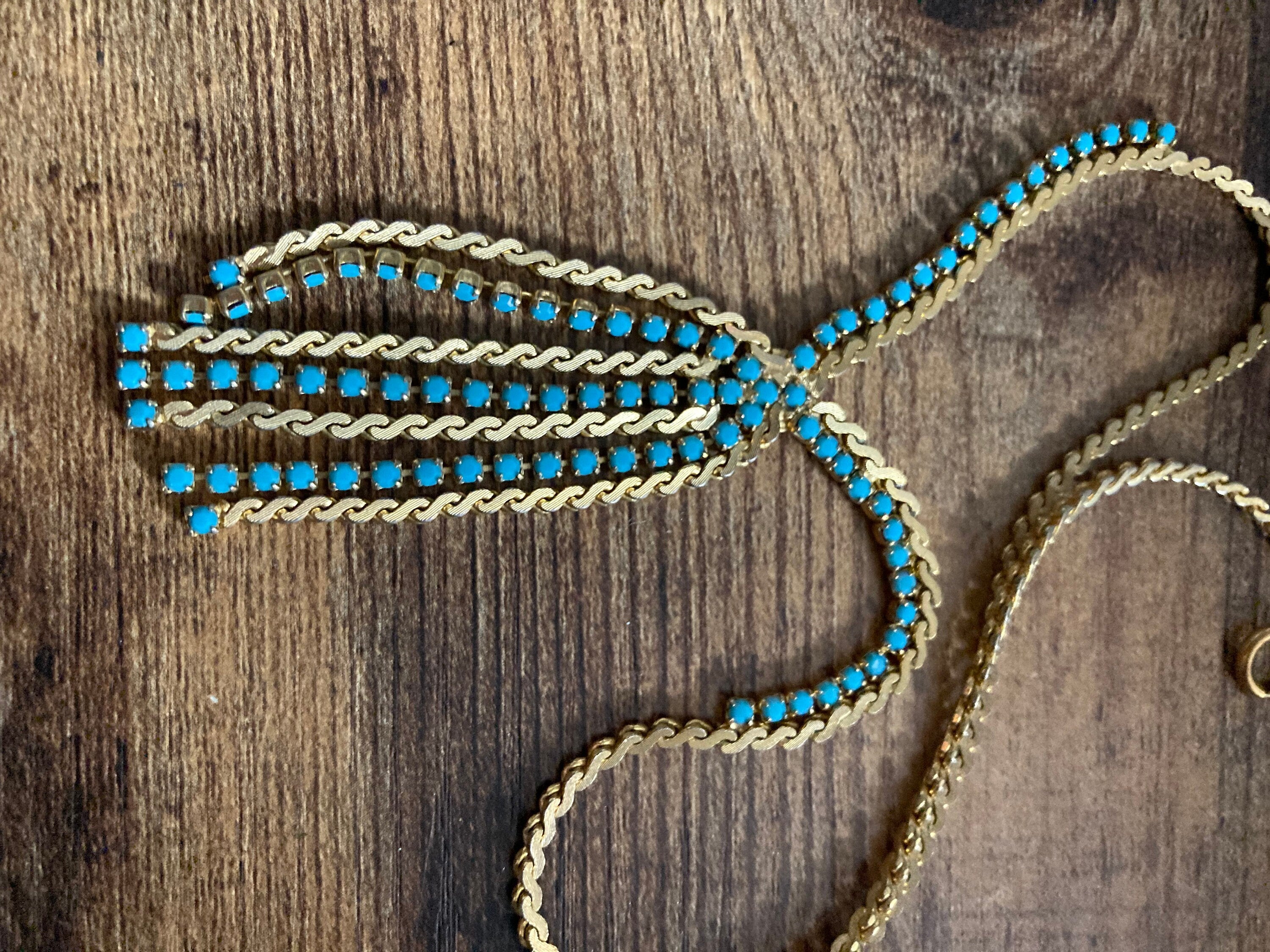 Vintage gold tone mesh lariat drop necklace with turquoise glass paste stones