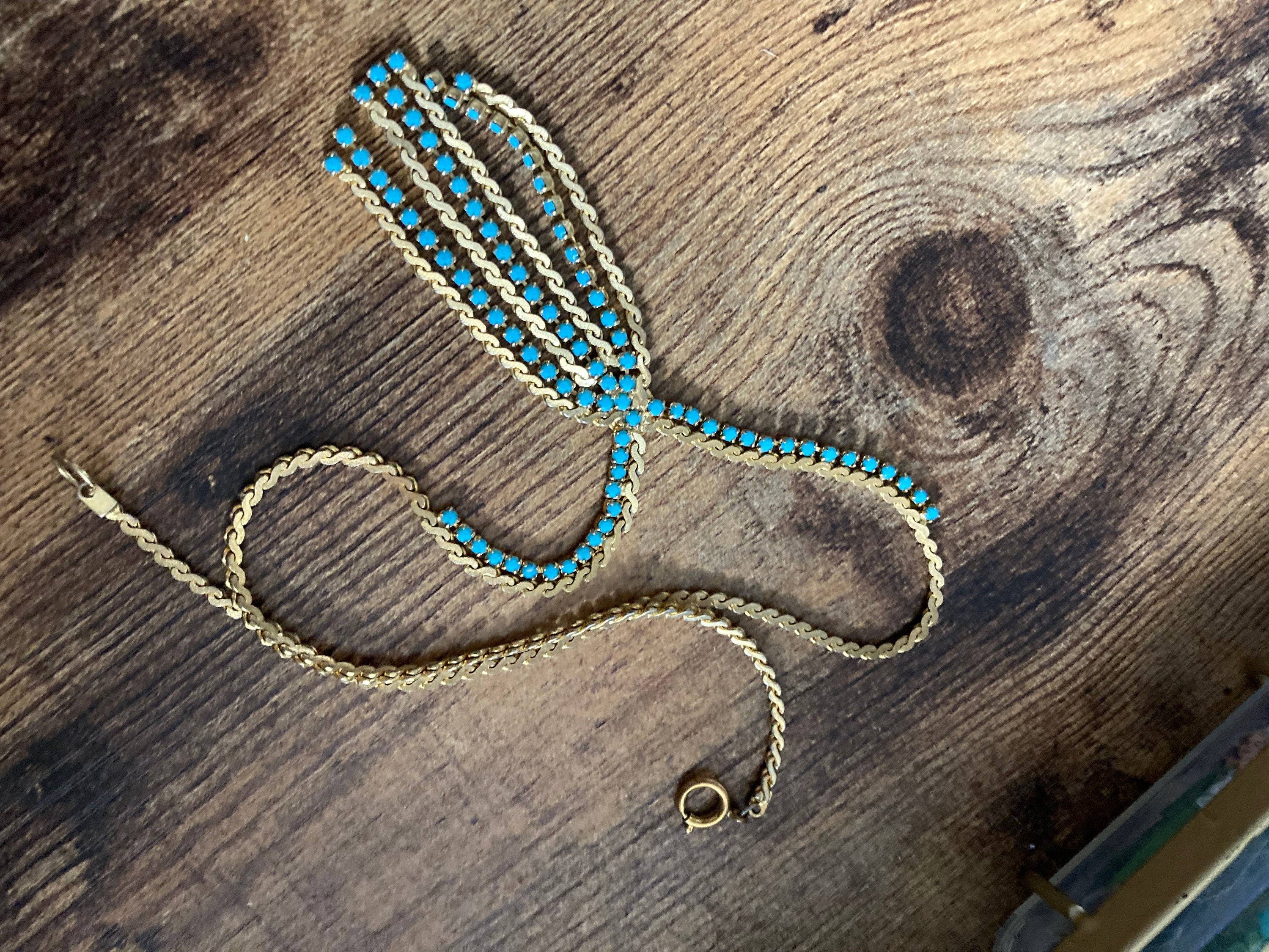 Vintage gold tone mesh lariat drop necklace with turquoise glass paste stones