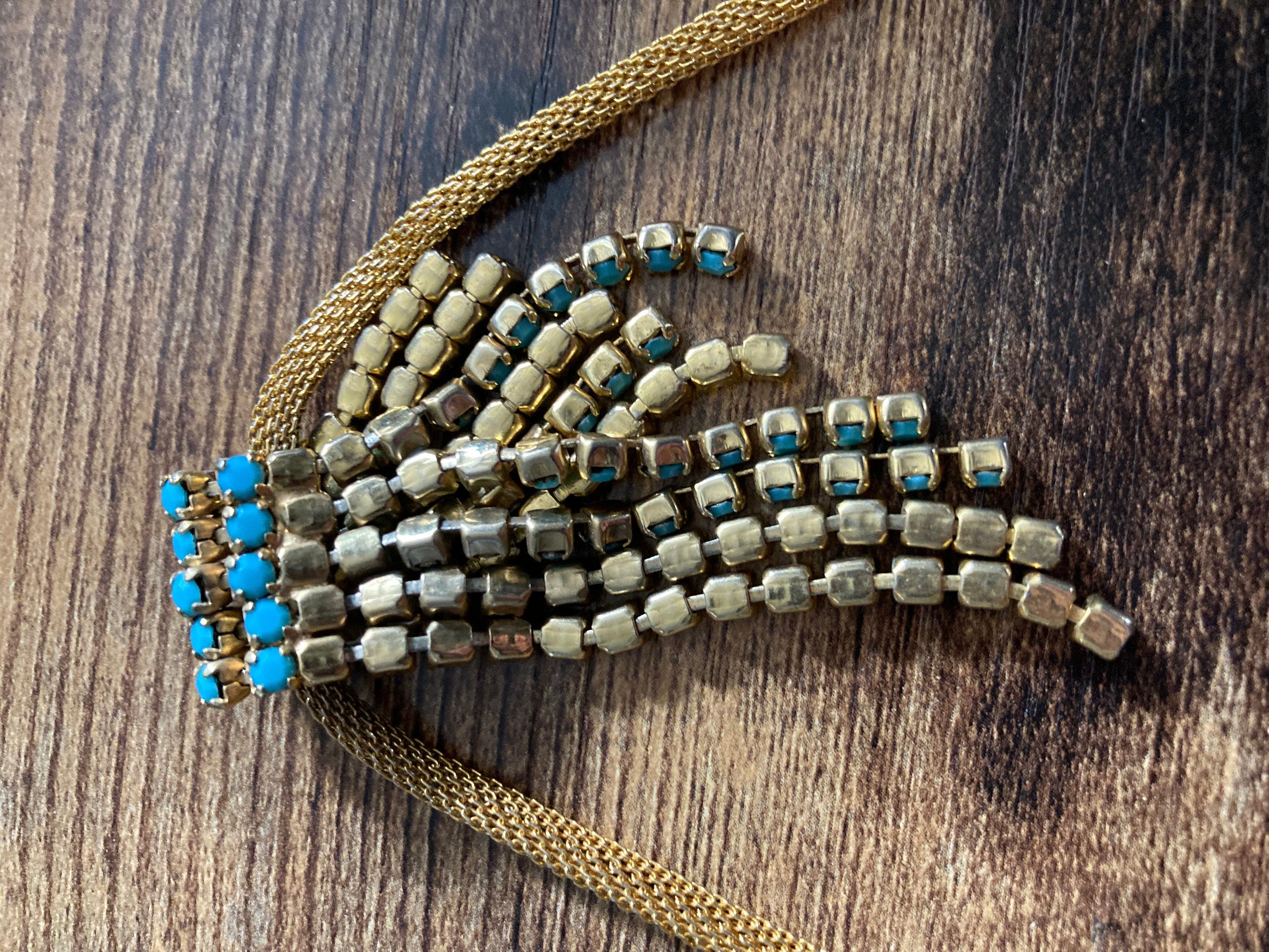 Vintage gold tone mesh lariat drop necklace with turquoise glass paste stones