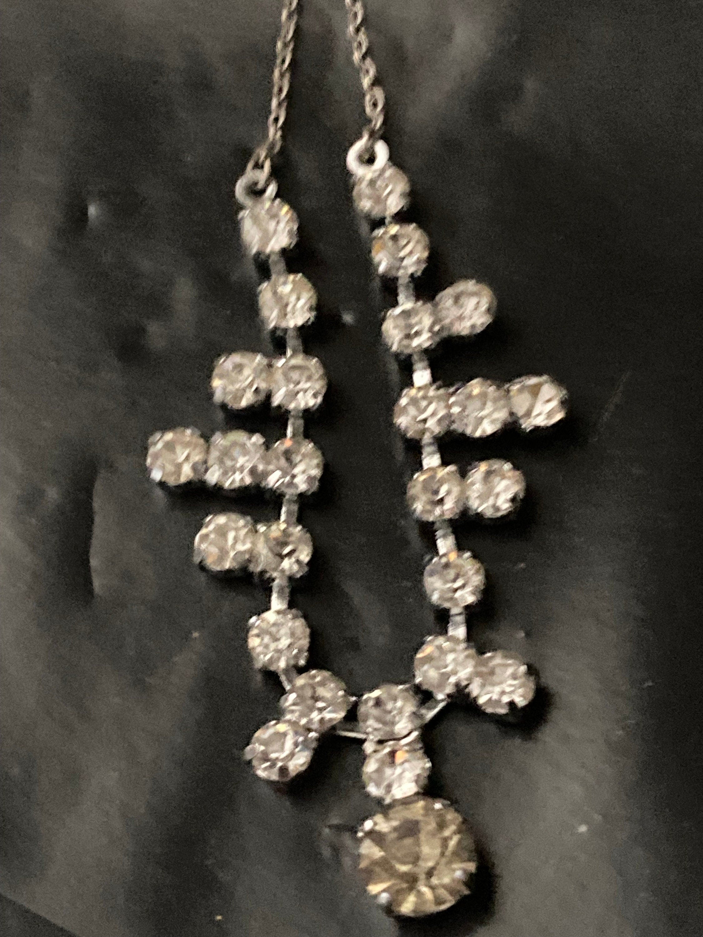 Vintage clear diamanté necklace paste rhinestone crystal silver tone
