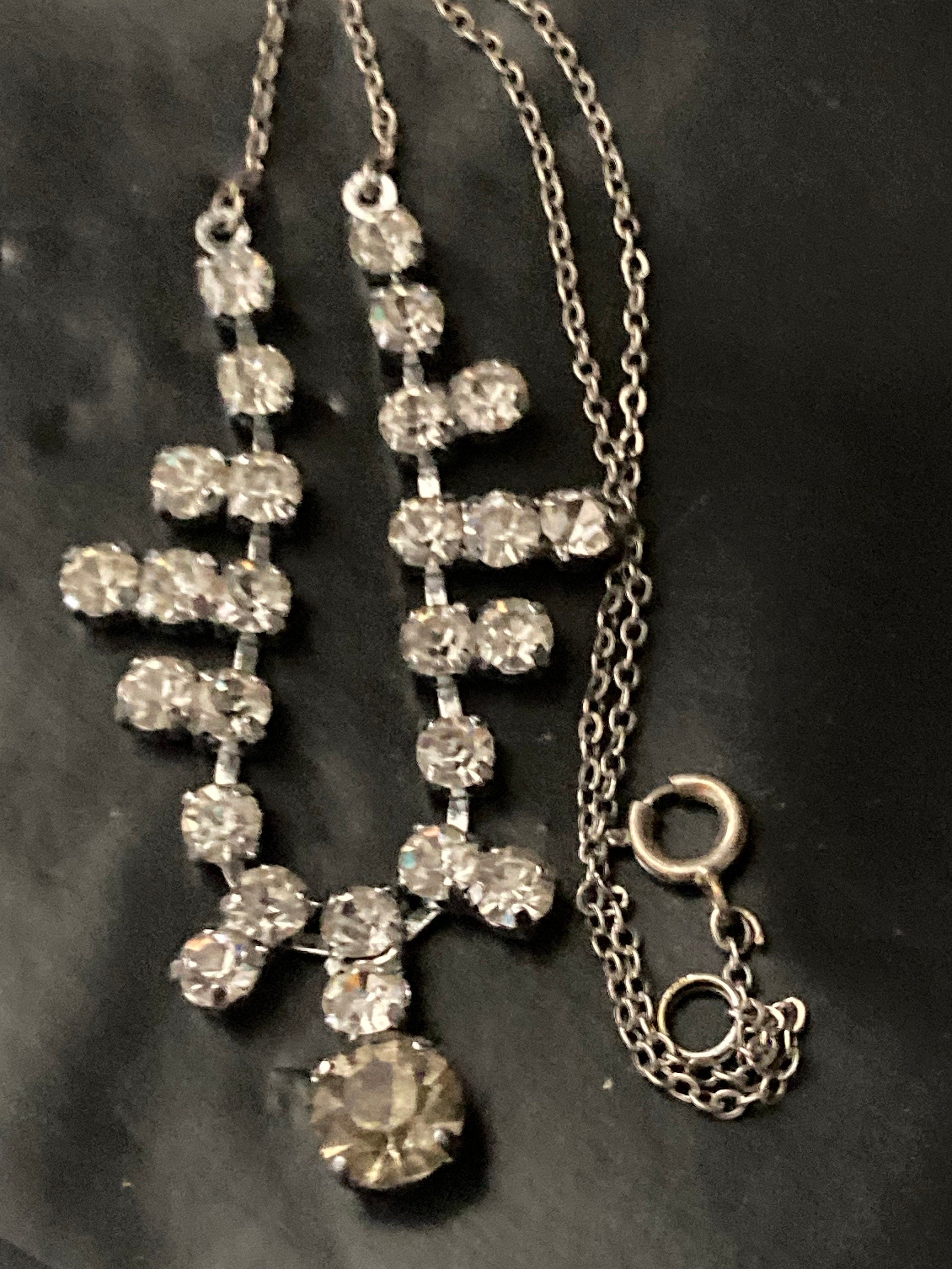 Vintage clear diamanté necklace paste rhinestone crystal silver tone