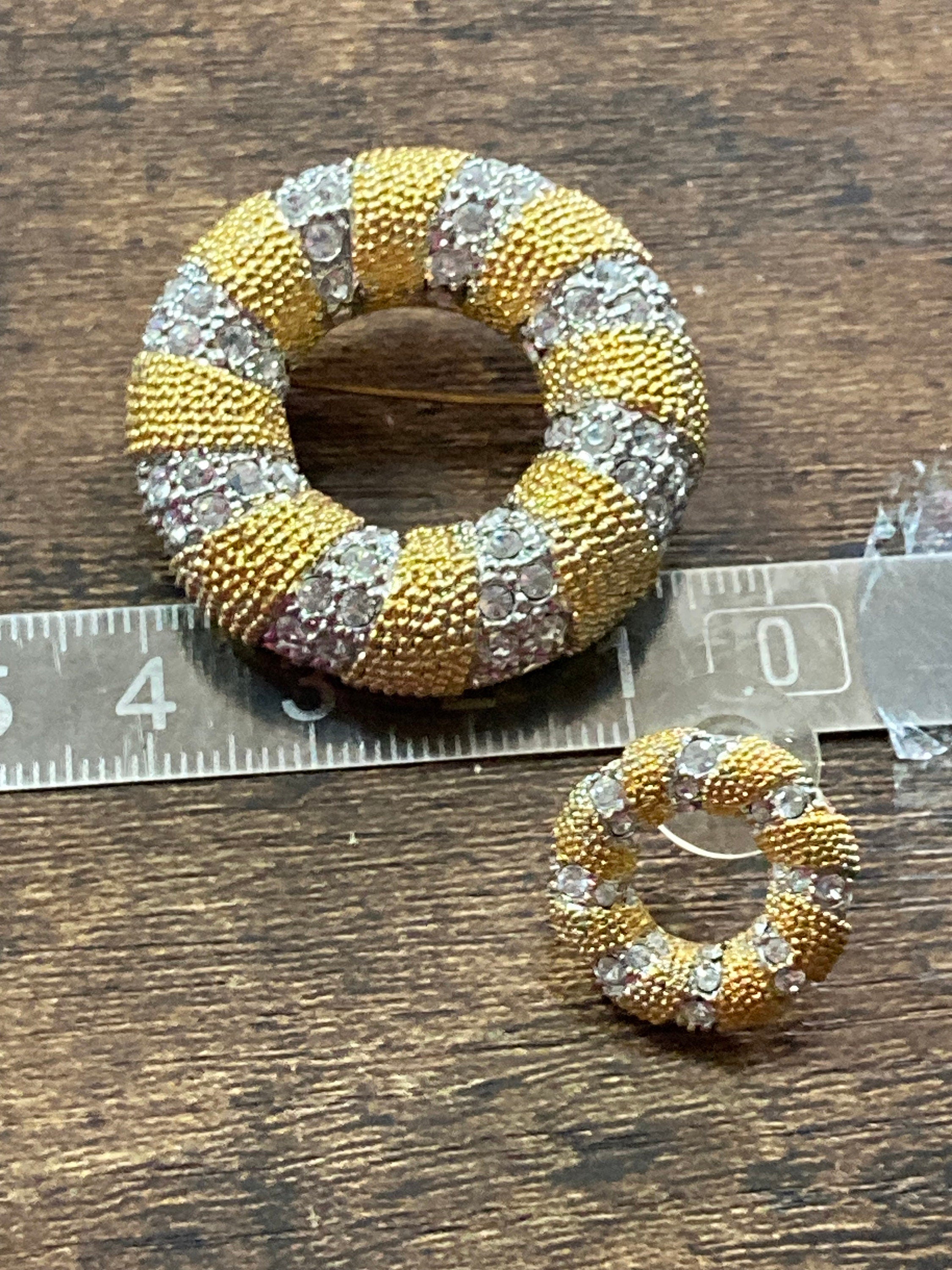 Vintage round diamanté donut pierced stud earrings and matching brooch jewellery set