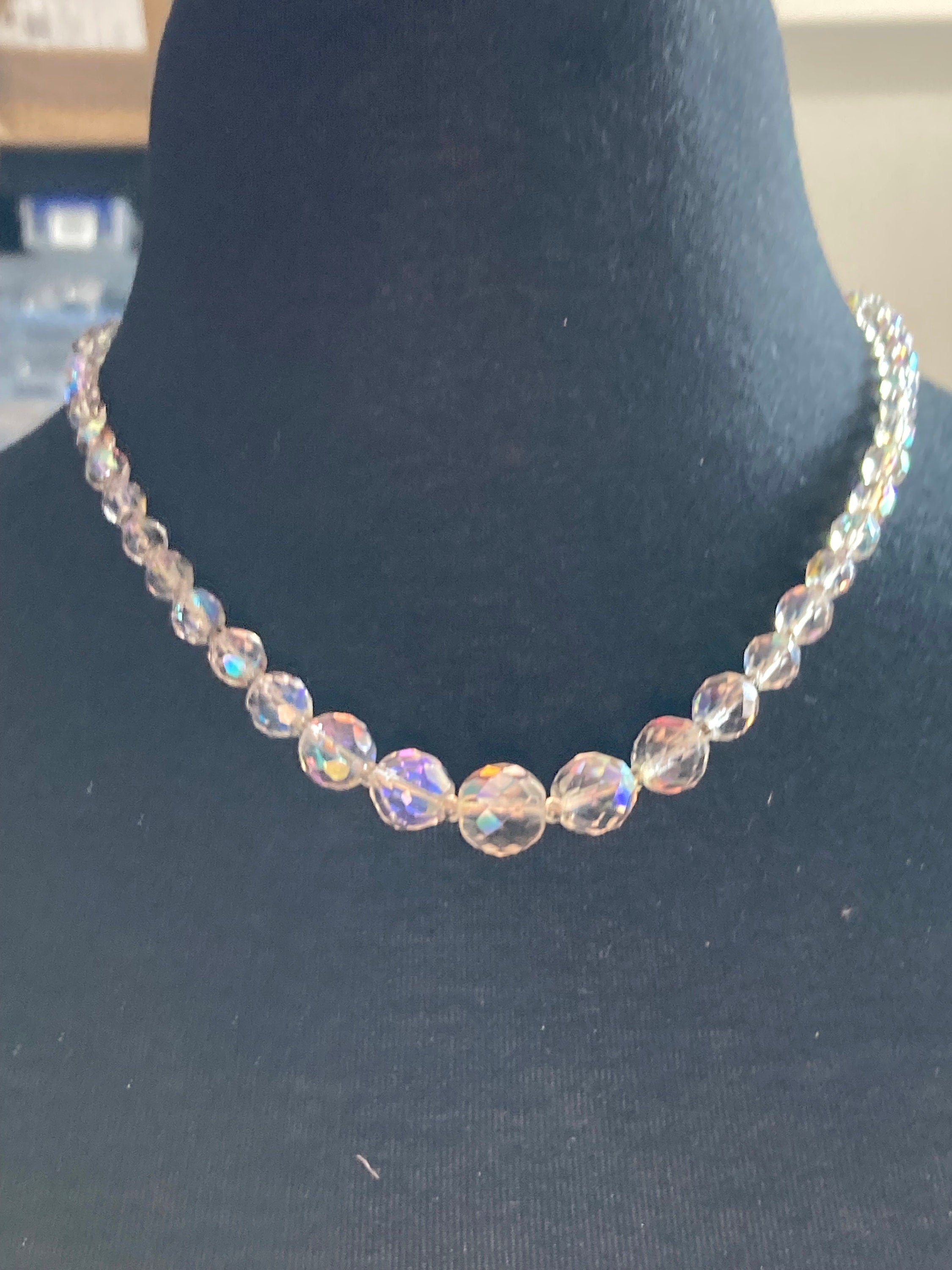 Art Deco clear aB Aurora borealis glass Crystal beaded necklace Collar mid century