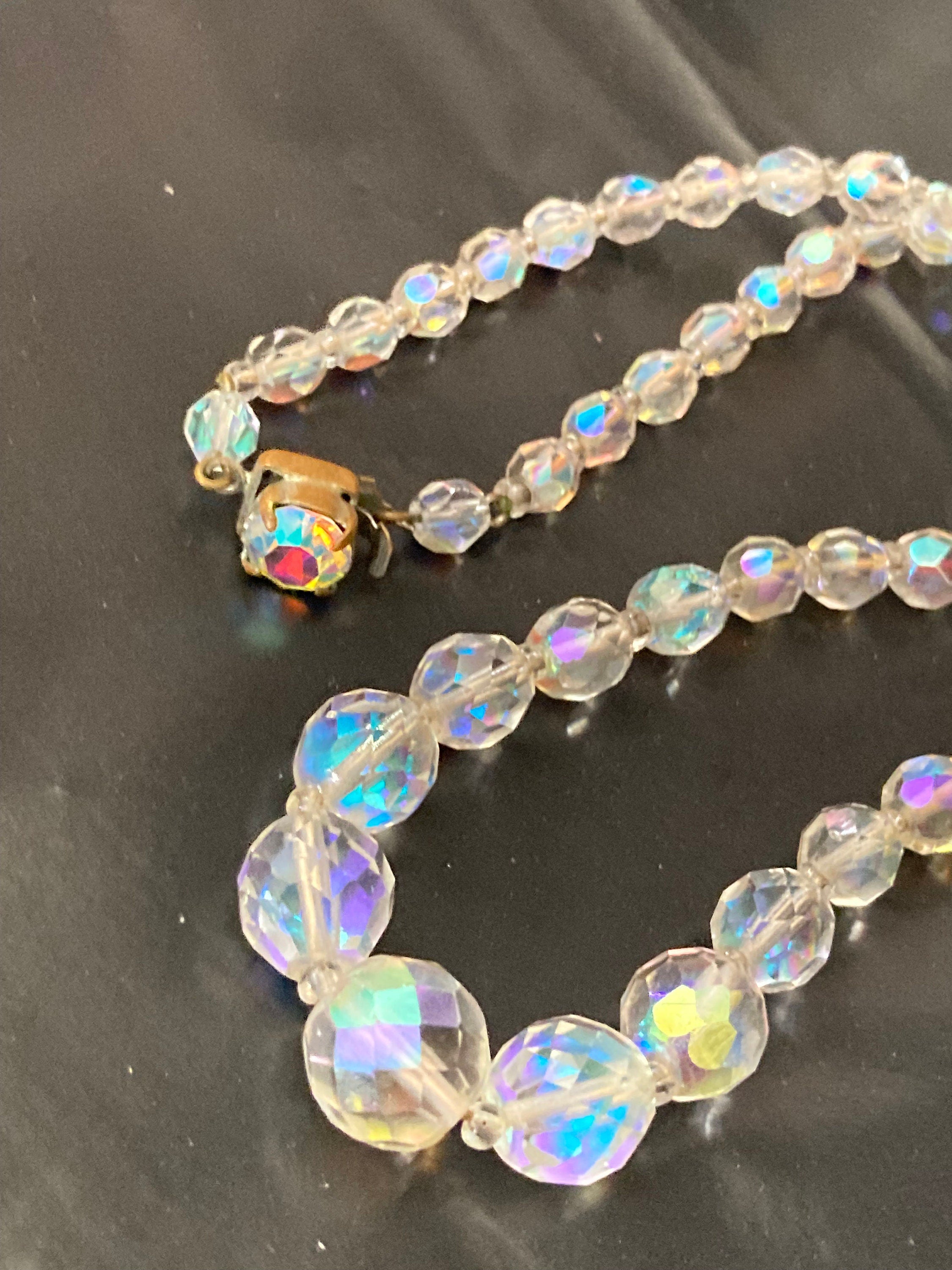 Art Deco clear aB Aurora borealis glass Crystal beaded necklace Collar mid century