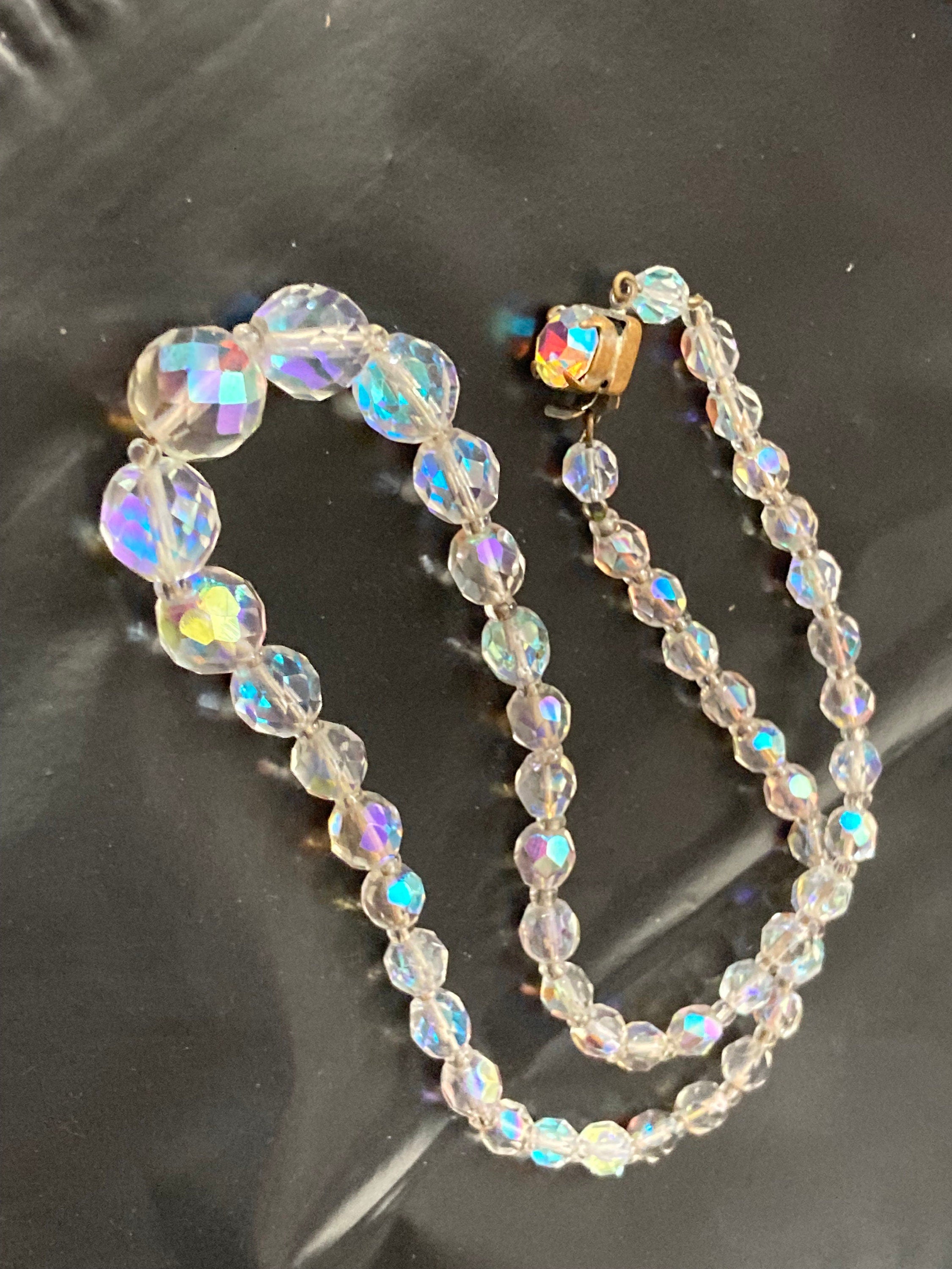 Art Deco clear aB Aurora borealis glass Crystal beaded necklace Collar mid century