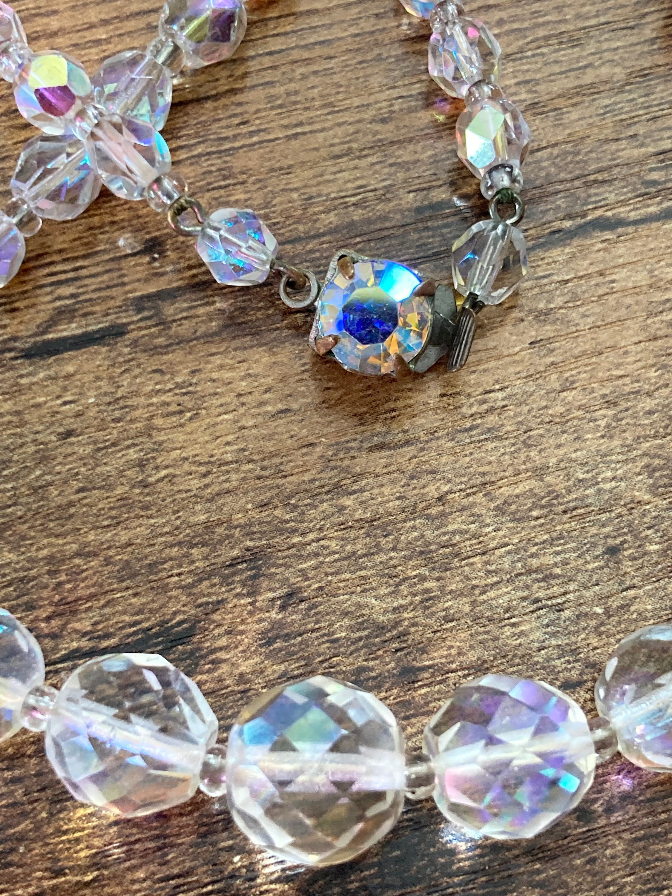 Art Deco clear aB Aurora borealis glass Crystal beaded necklace Collar mid century