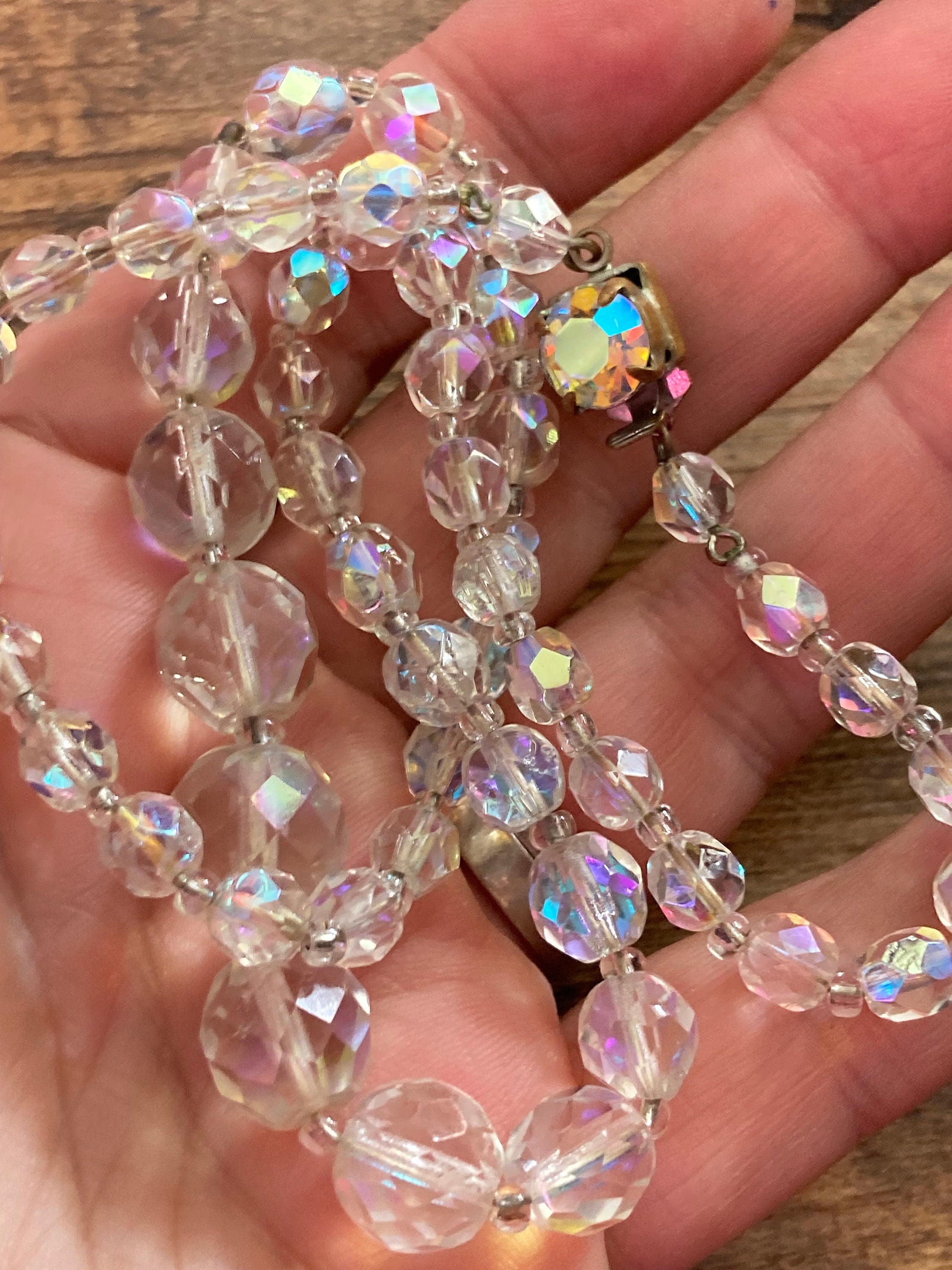 Art Deco clear aB Aurora borealis glass Crystal beaded necklace Collar mid century