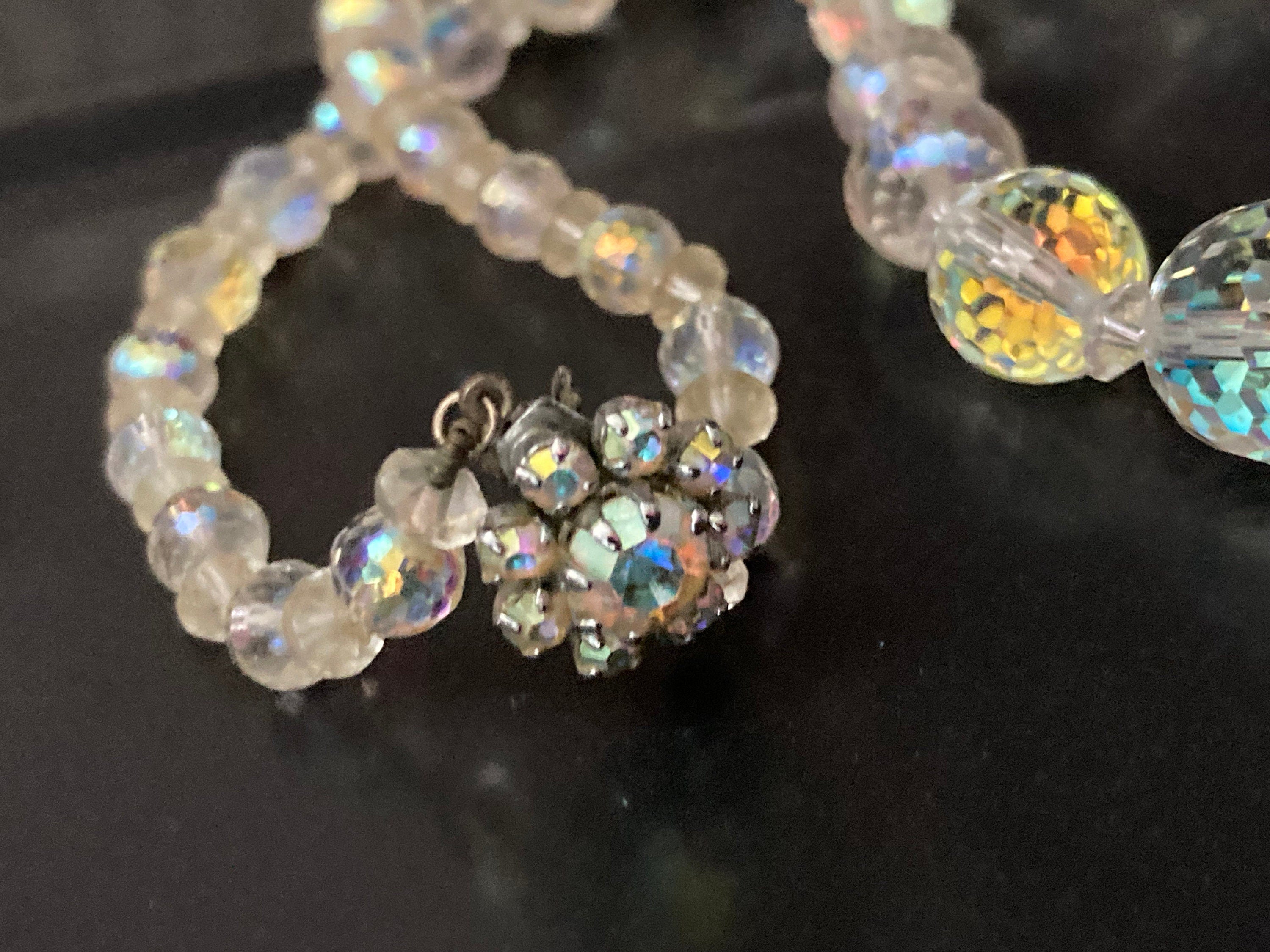 Art Deco clear aB Aurora borealis glass Crystal beaded necklace Collar mid century