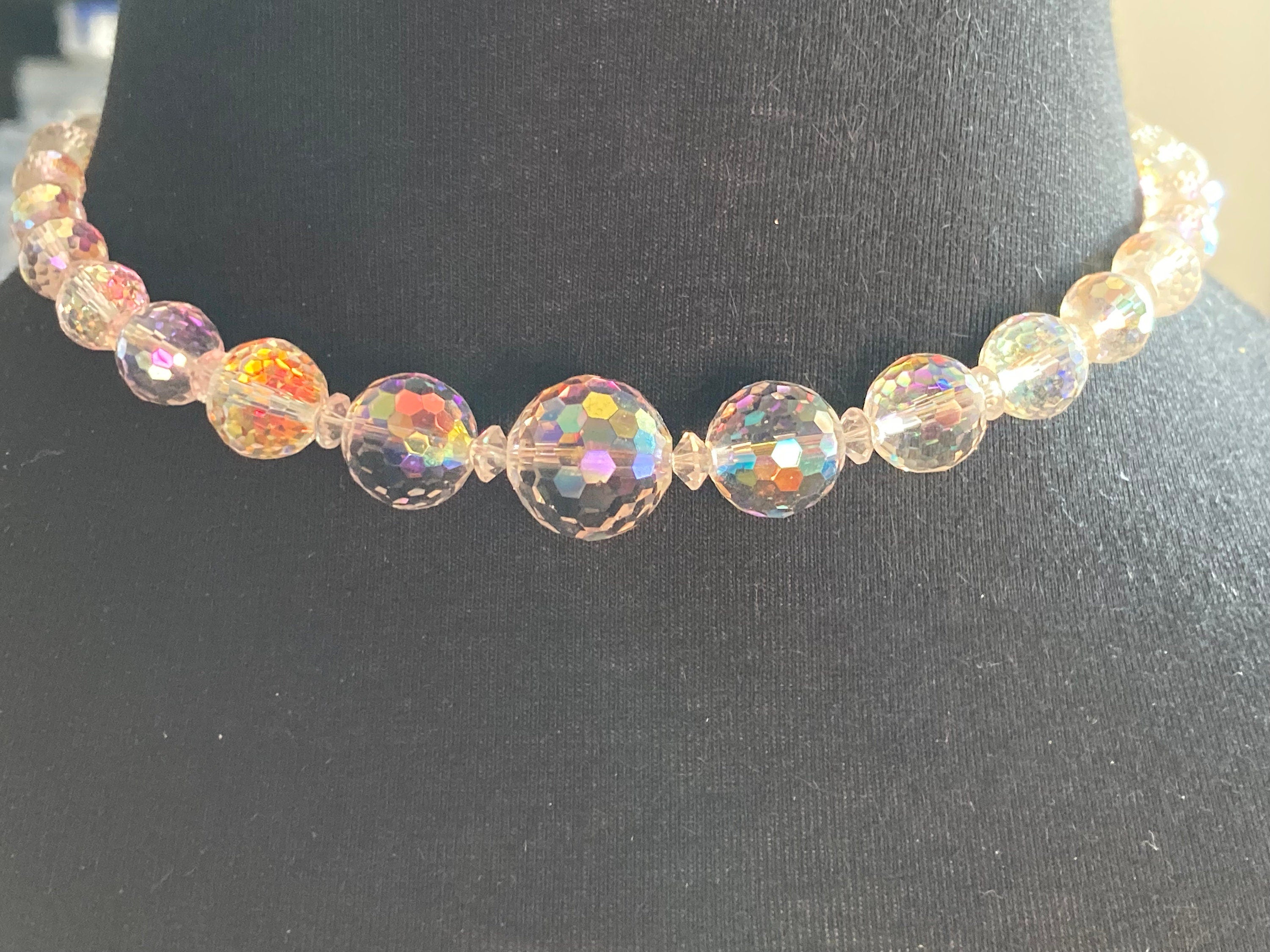 Art Deco clear aB Aurora borealis glass Crystal beaded necklace Collar mid century