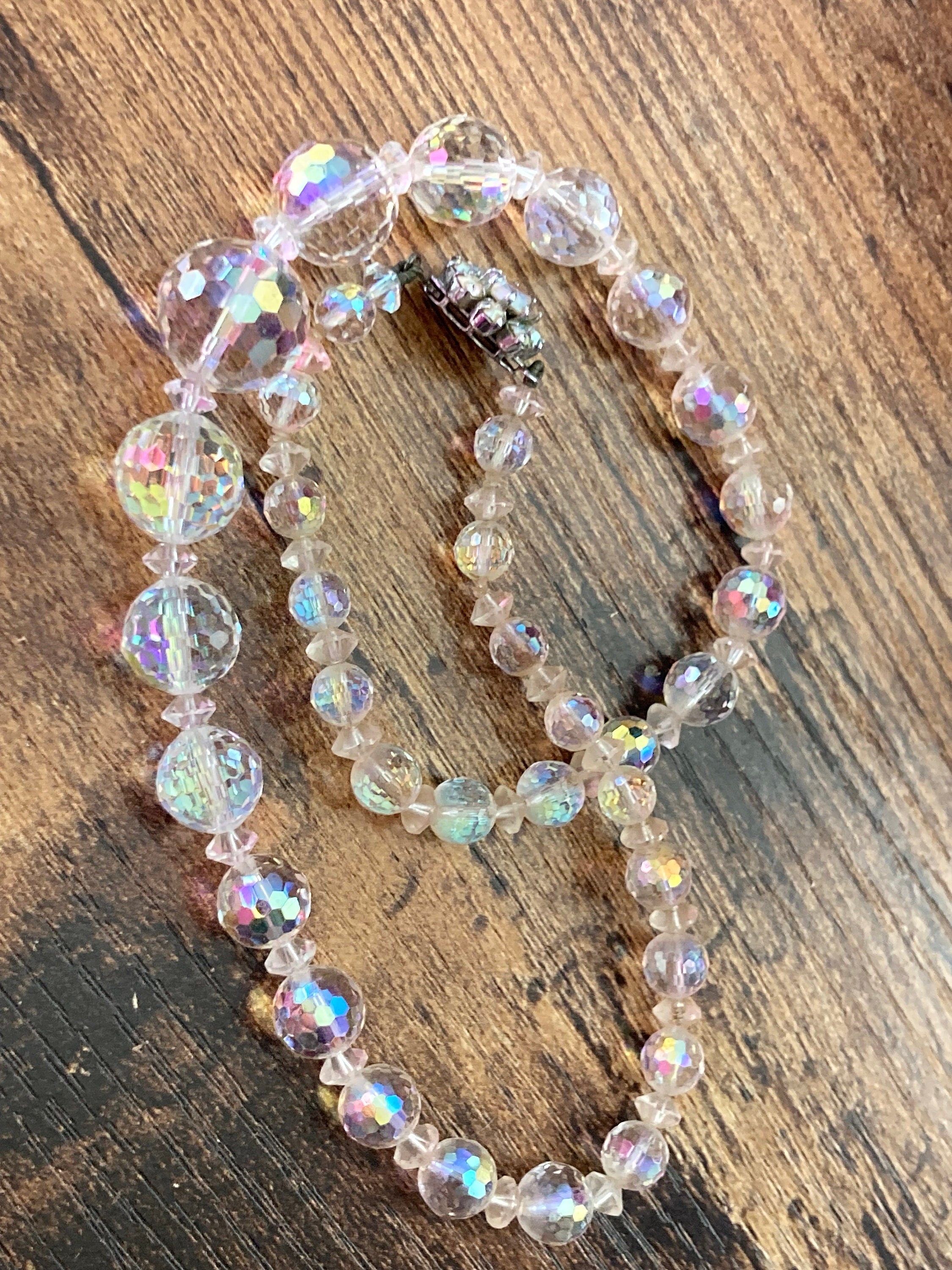 Art Deco clear aB Aurora borealis glass Crystal beaded necklace Collar mid century
