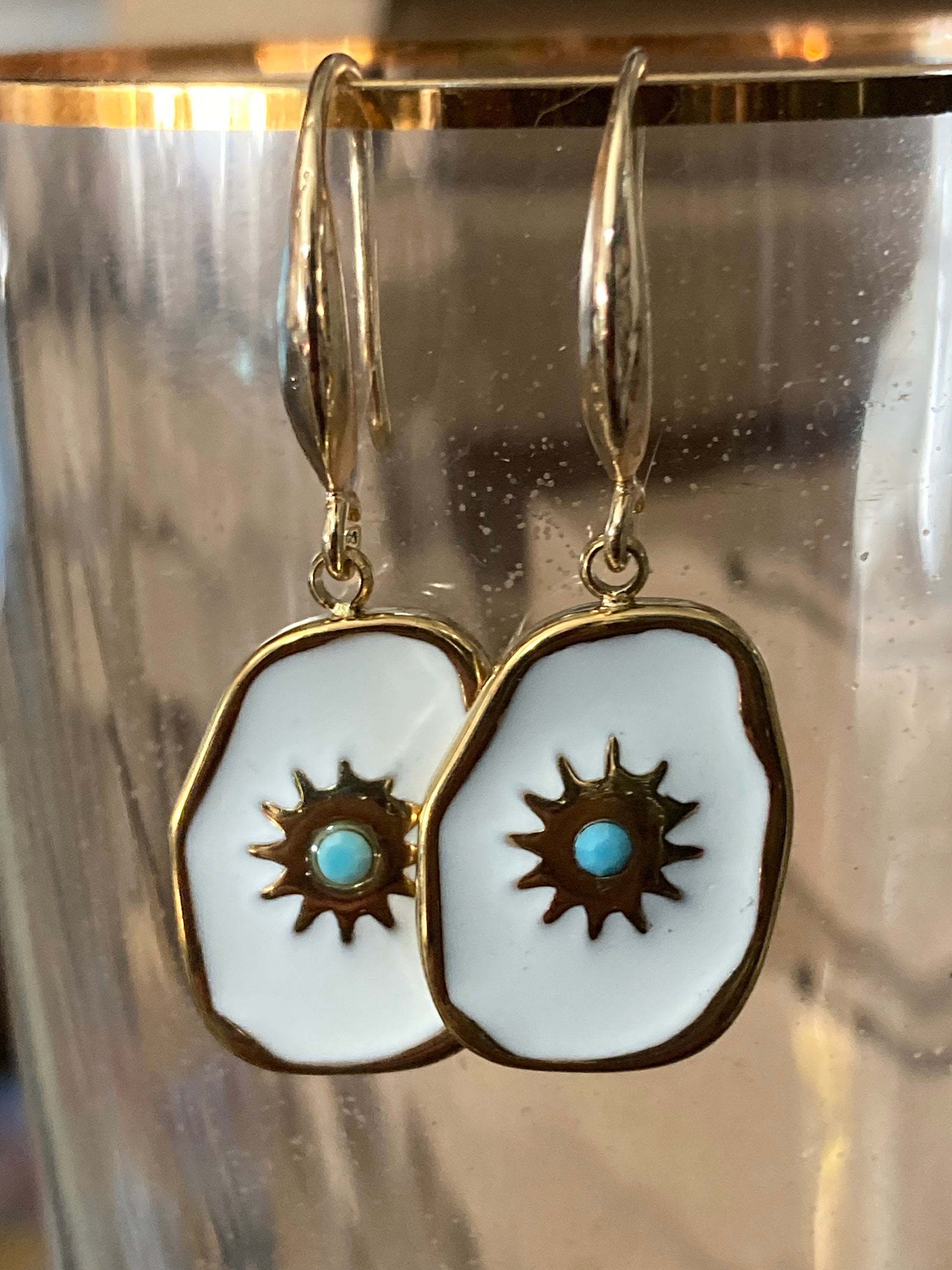 18k gold plated turquoise blue White enamel Victorian charm drop earrings
