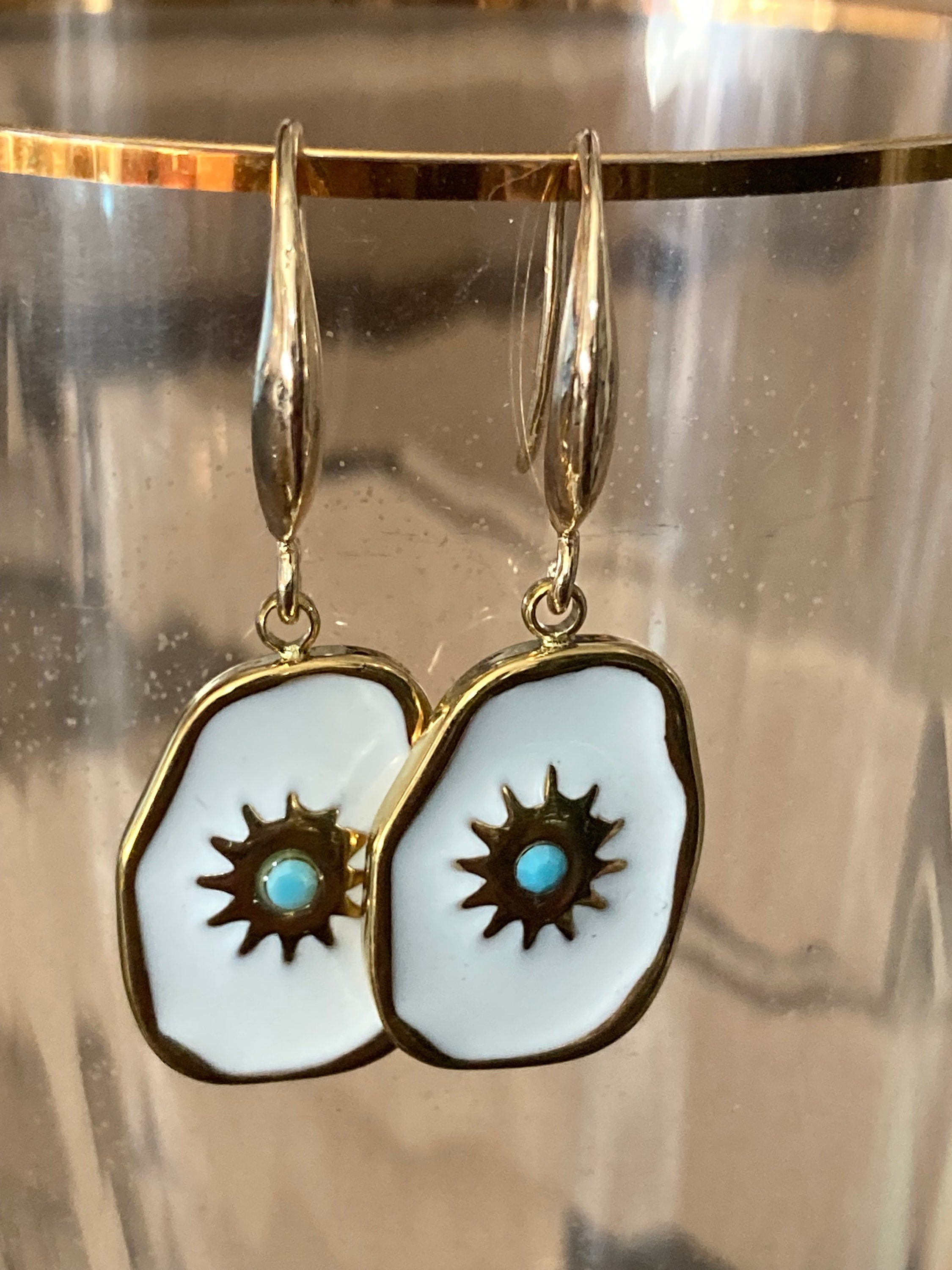 18k gold plated turquoise blue White enamel Victorian charm drop earrings