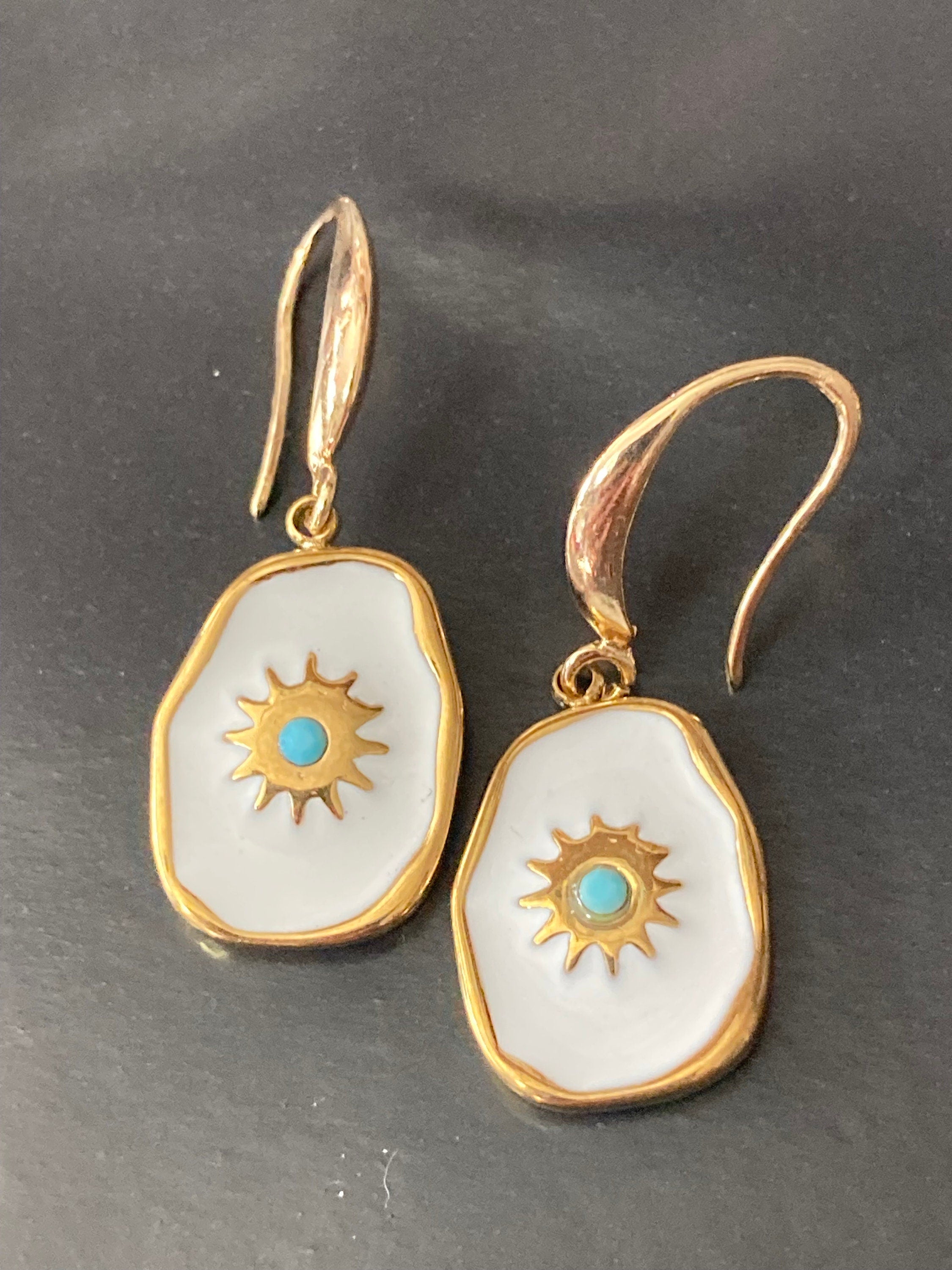 18k gold plated turquoise blue White enamel Victorian charm drop earrings