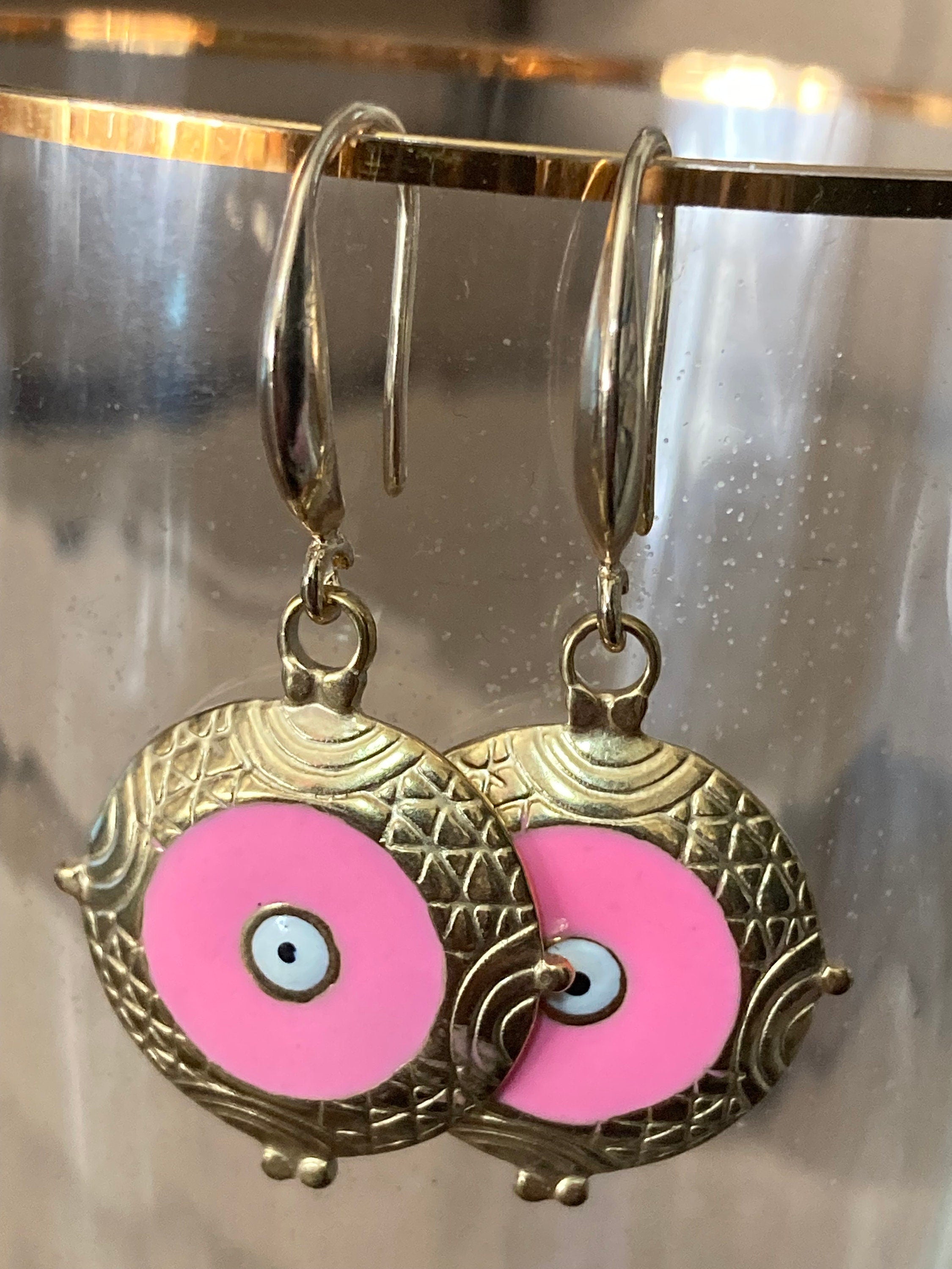 18k gold plated pink enamel third eye Victorian charm drop earrings