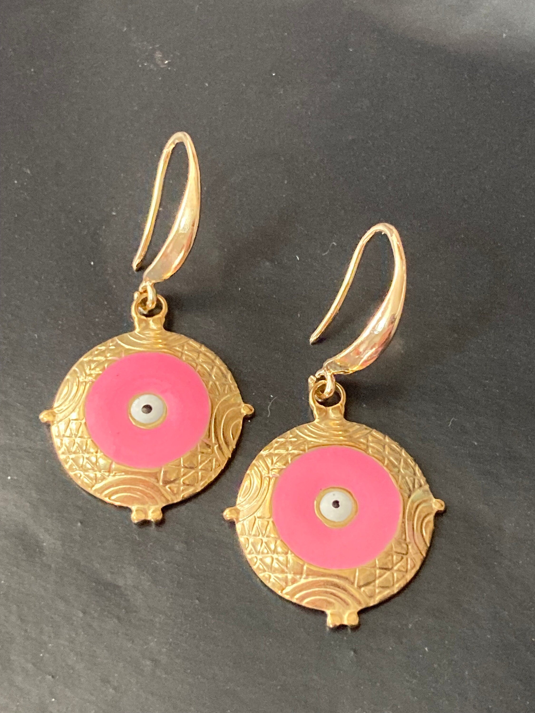 18k gold plated pink enamel third eye Victorian charm drop earrings
