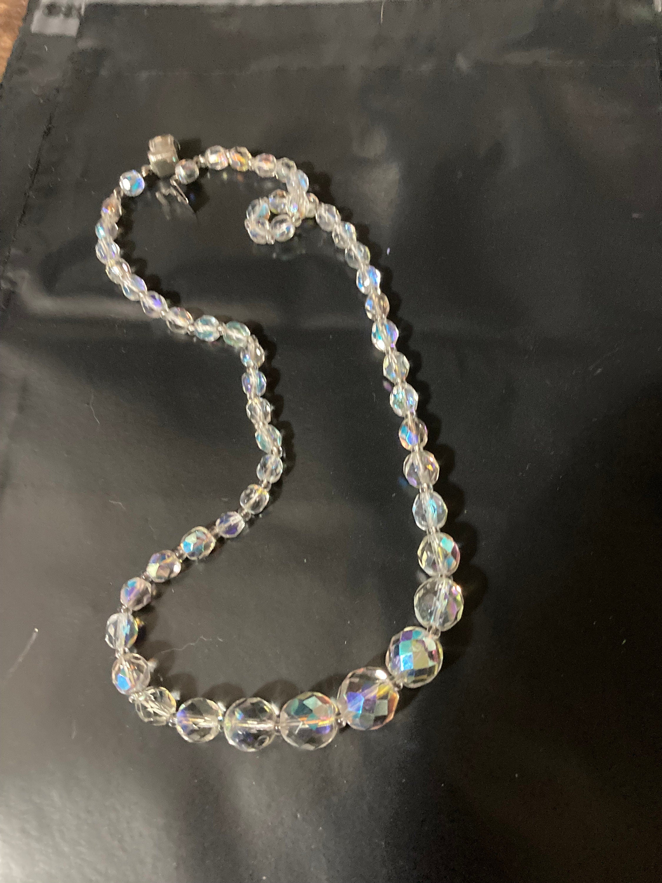 Art Deco clear aB Aurora borealis glass Crystal beaded necklace Collar mid century