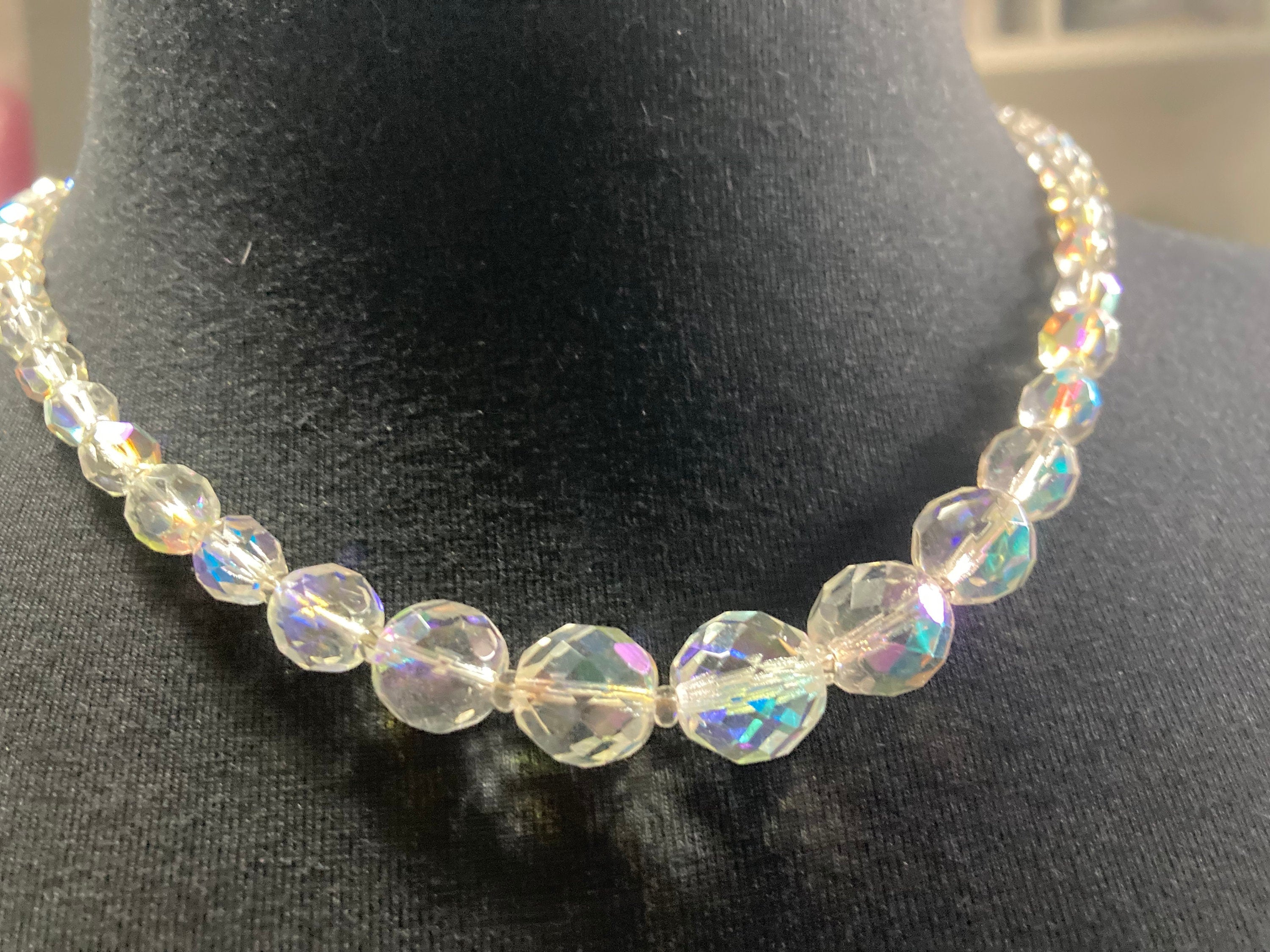 Art Deco clear aB Aurora borealis glass Crystal beaded necklace Collar mid century