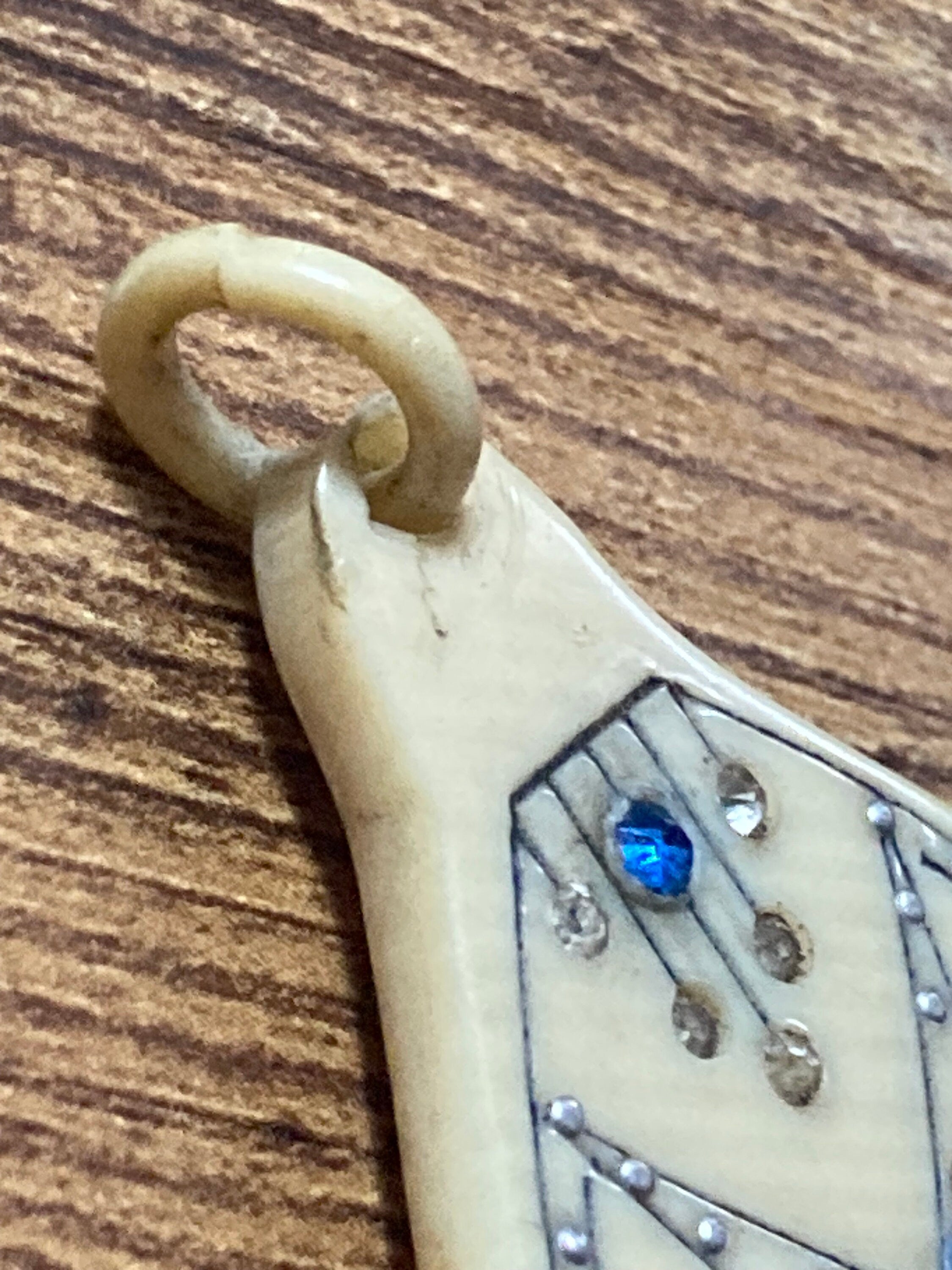 Art Deco Celluloid Pendant: Cream Pique Work with Sapphire Blue Paste