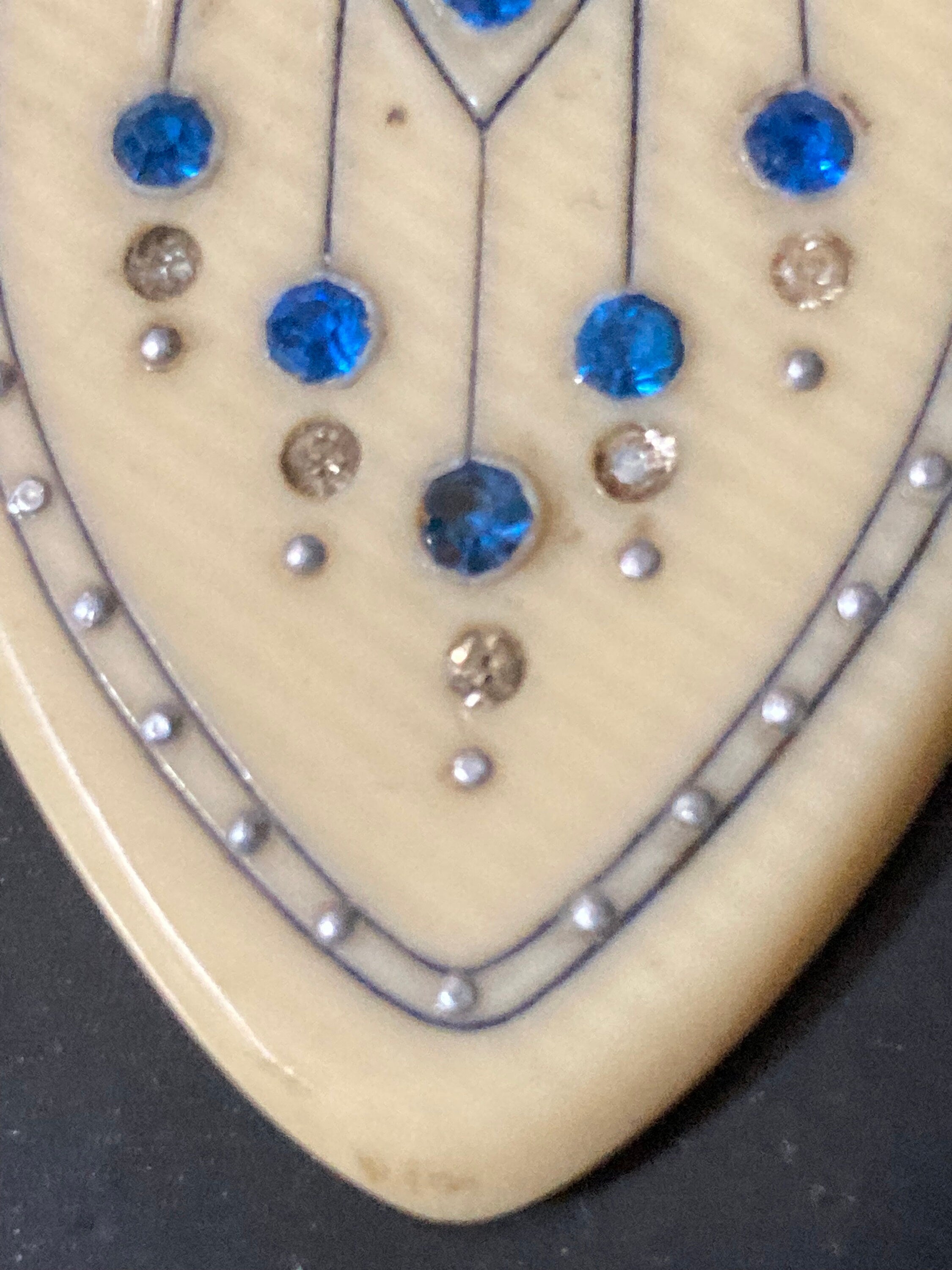 Art Deco Celluloid Pendant: Cream Pique Work with Sapphire Blue Paste