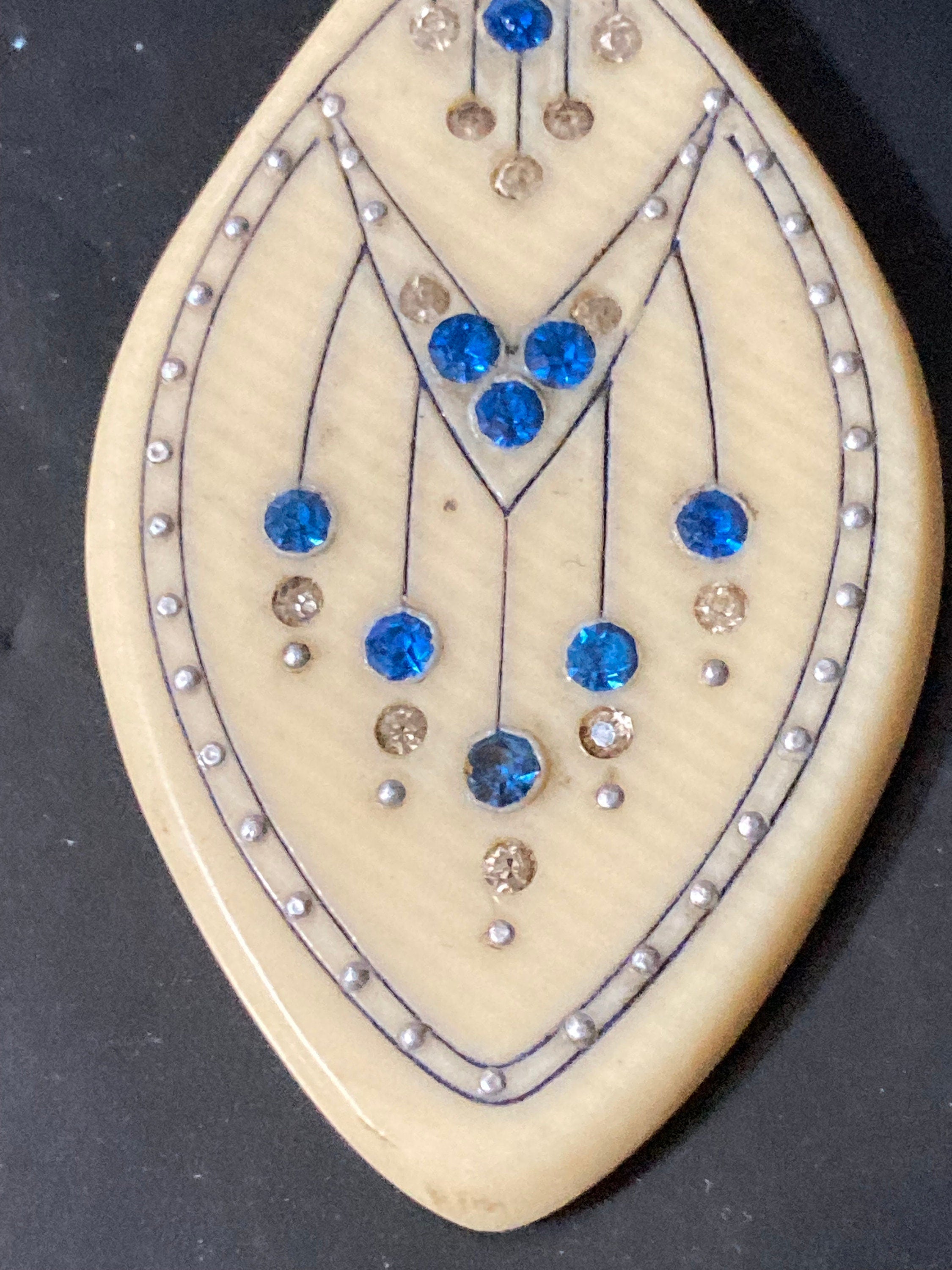 Art Deco Celluloid Pendant: Cream Pique Work with Sapphire Blue Paste