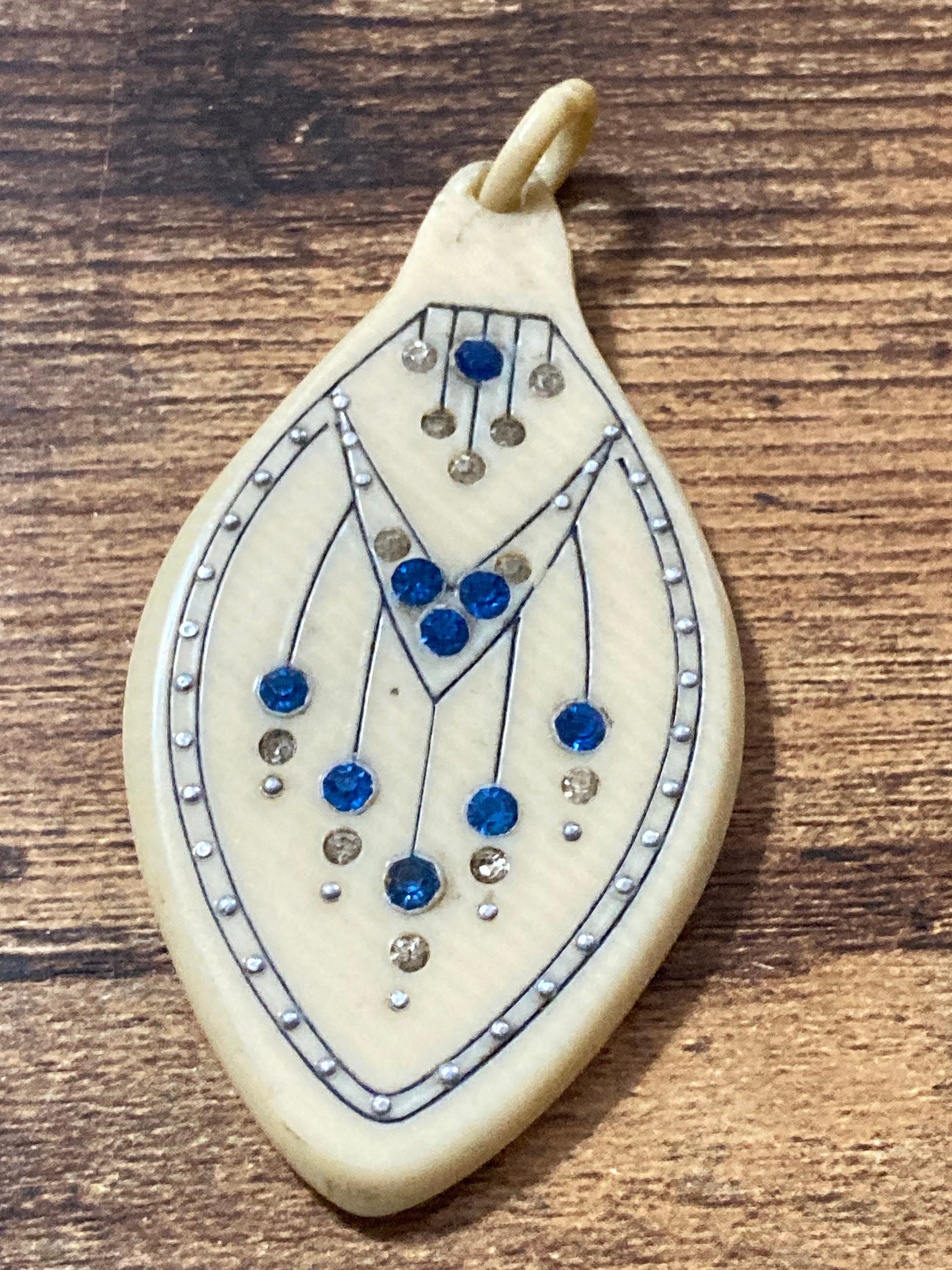 Art Deco Celluloid Pendant: Cream Pique Work with Sapphire Blue Paste