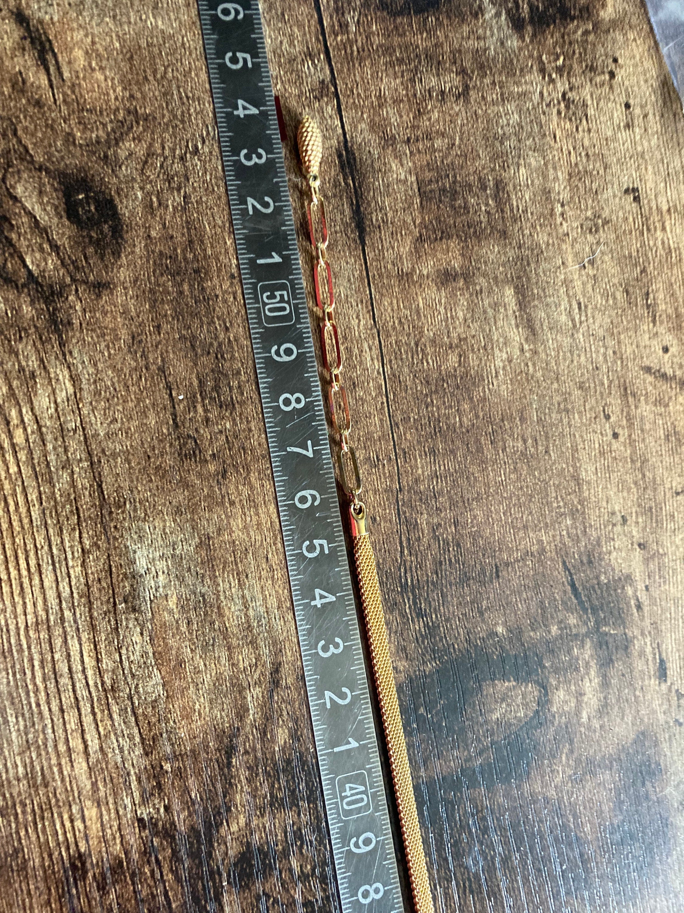 Vintage gold tone mesh lariat drop necklace with turquoise glass paste stones