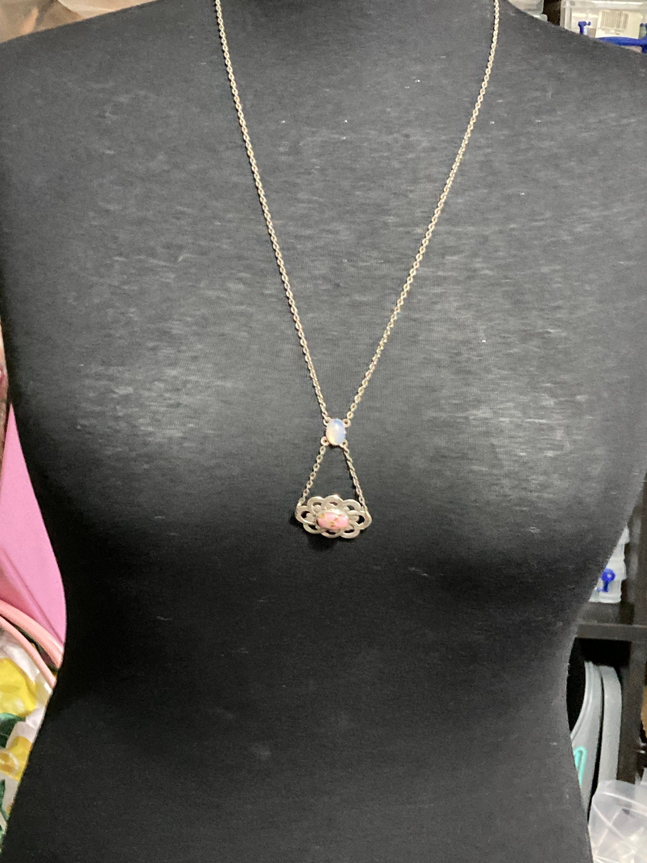 Antique part sterling silver 925 art nouveau lariat opaline pink gemstone drop necklace