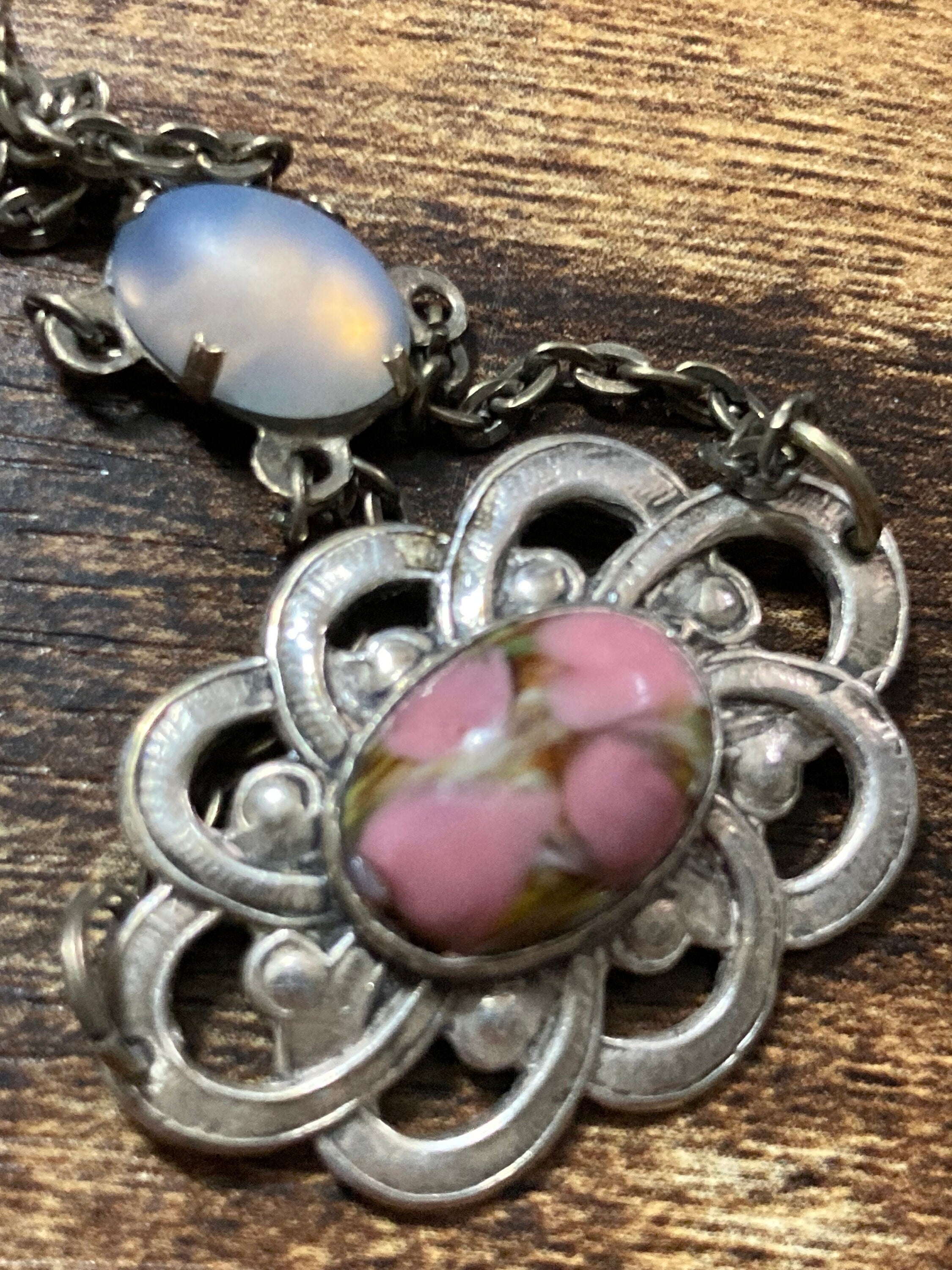 Antique part sterling silver 925 art nouveau lariat opaline pink gemstone drop necklace