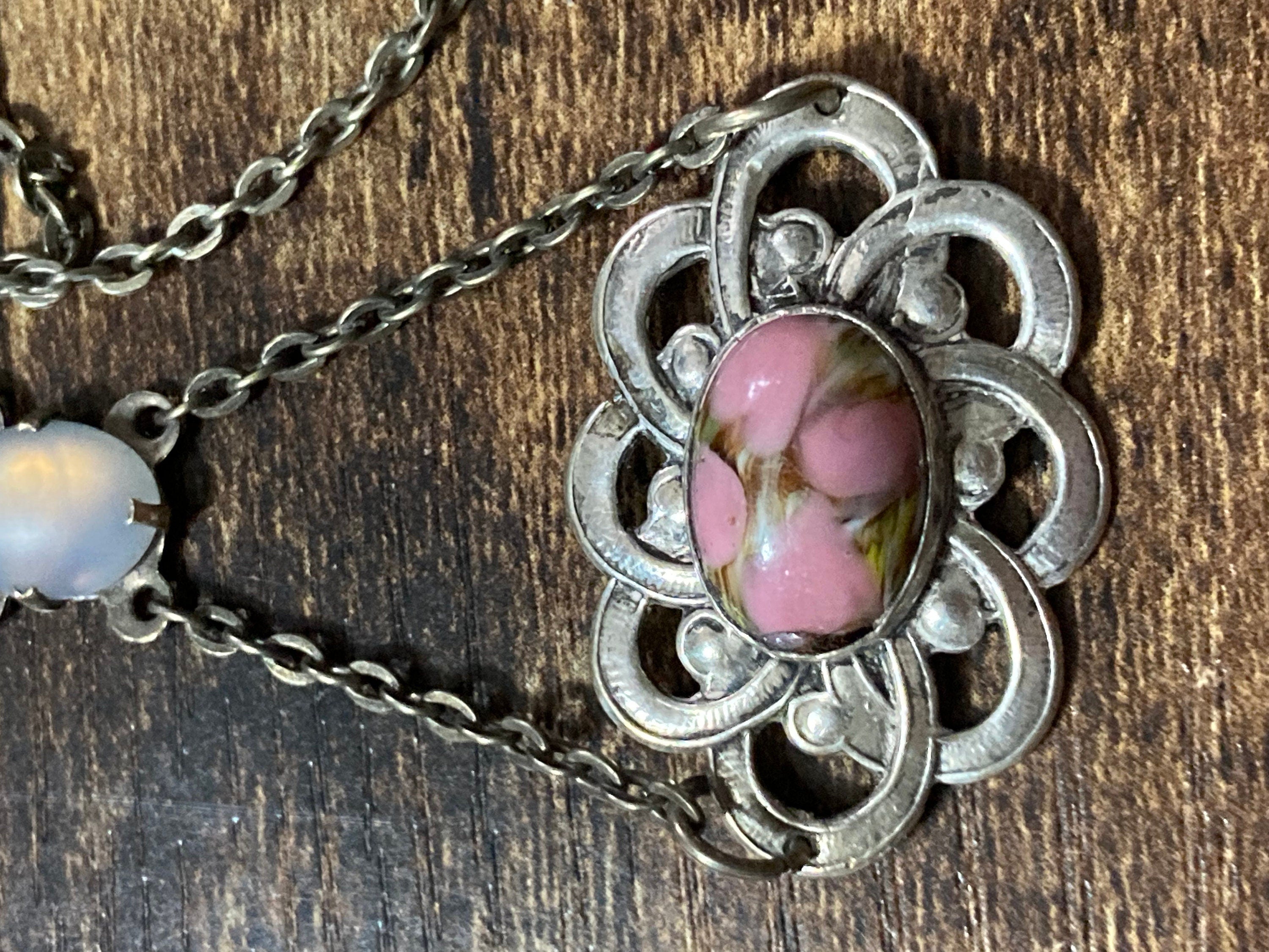 Antique part sterling silver 925 art nouveau lariat opaline pink gemstone drop necklace