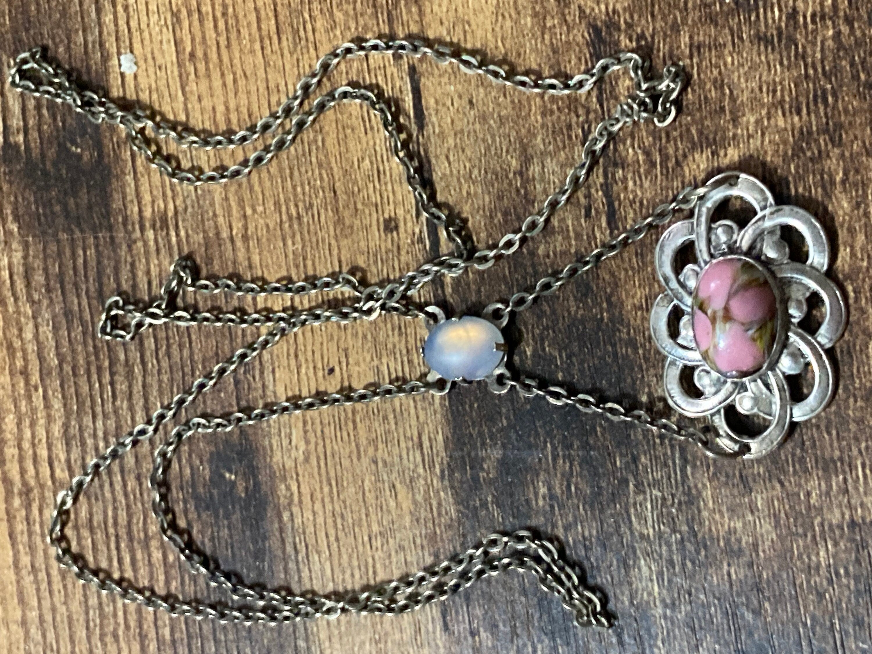 Antique part sterling silver 925 art nouveau lariat opaline pink gemstone drop necklace