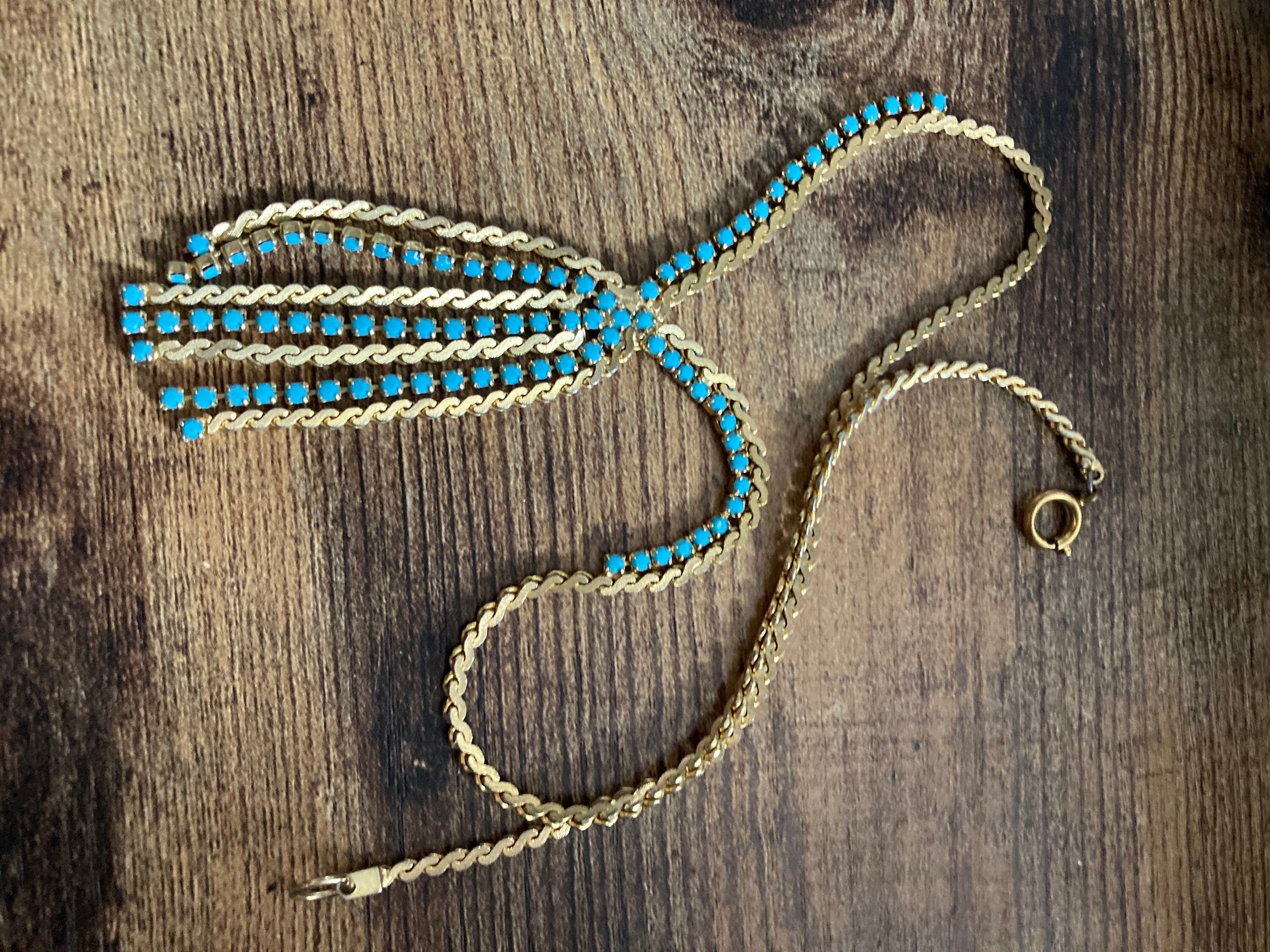 Vintage gold tone mesh lariat drop necklace with turquoise glass paste stones