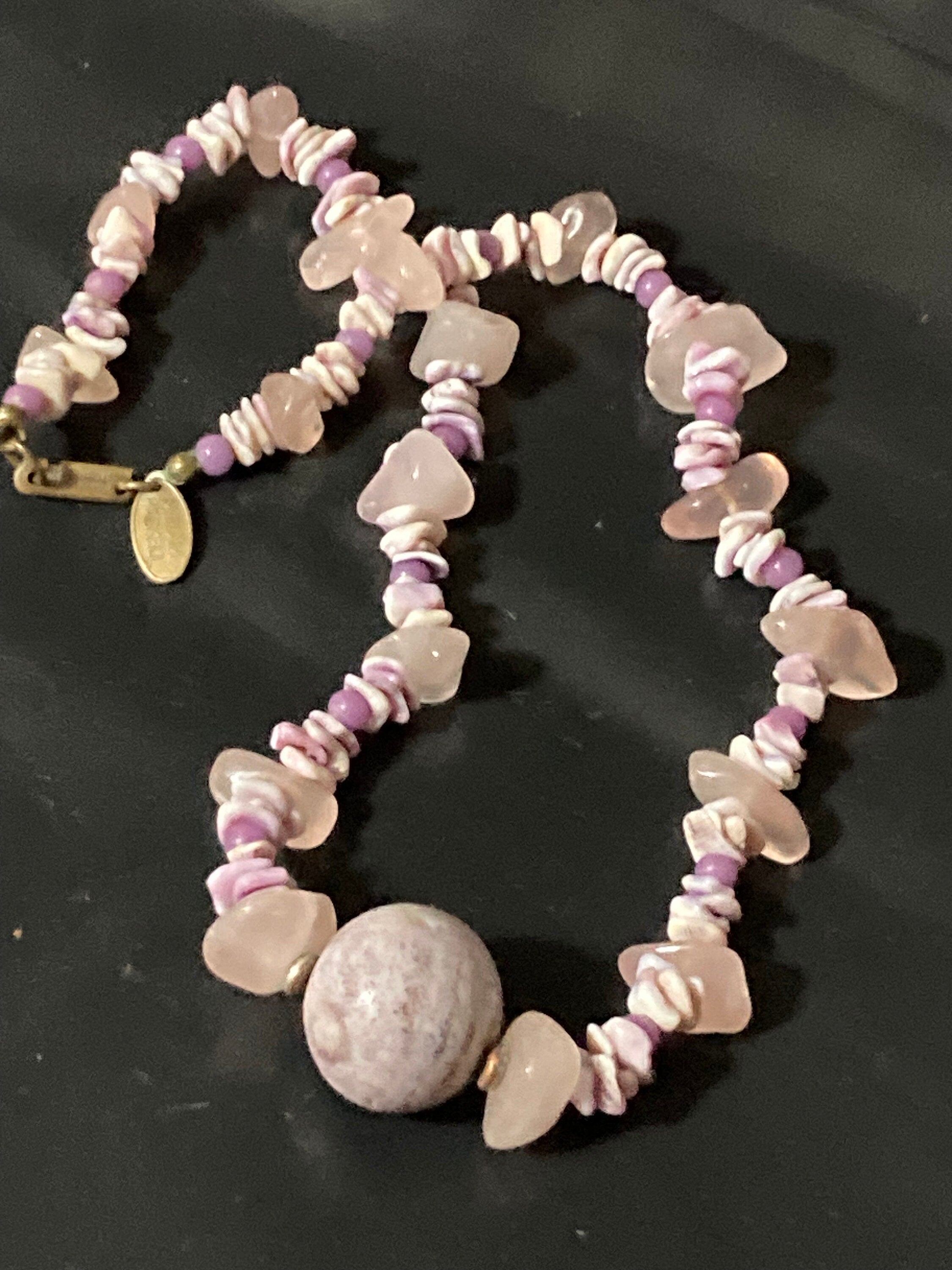signed Miriam haskell Vintage designer gem set rose quartz beaded necklace 40cm pink purple shell