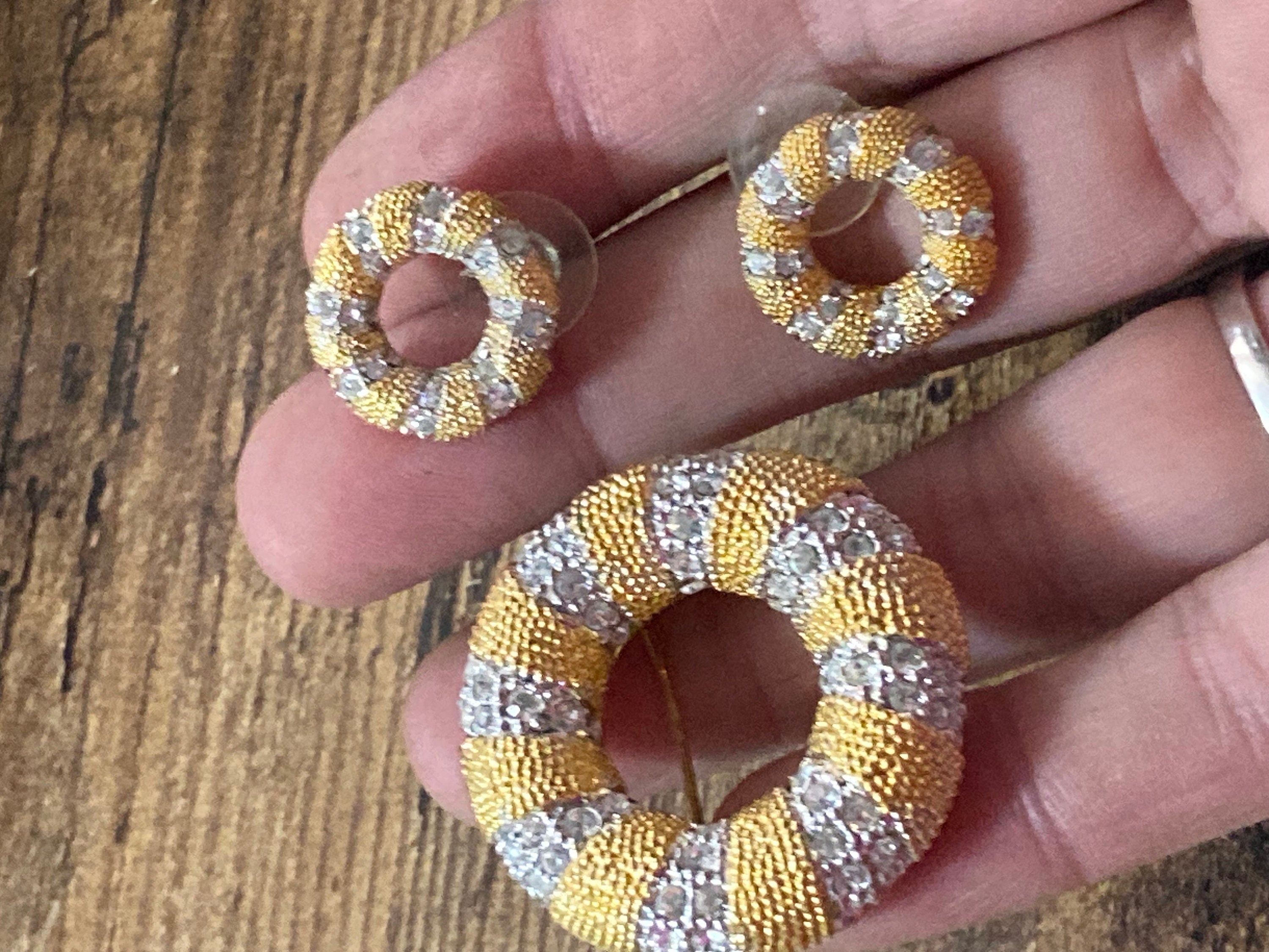 Vintage round diamanté donut pierced stud earrings and matching brooch jewellery set