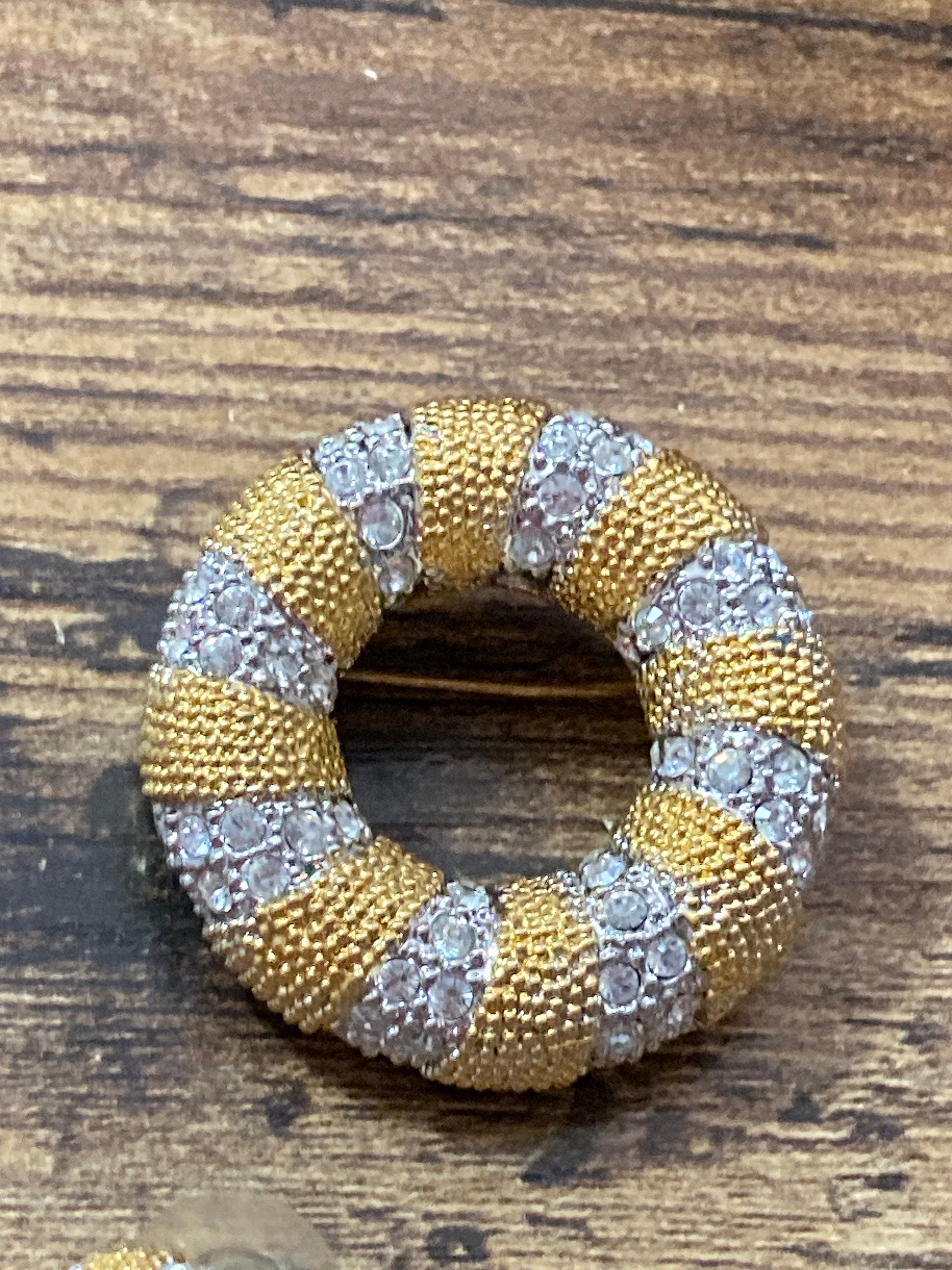 Vintage round diamanté donut pierced stud earrings and matching brooch jewellery set