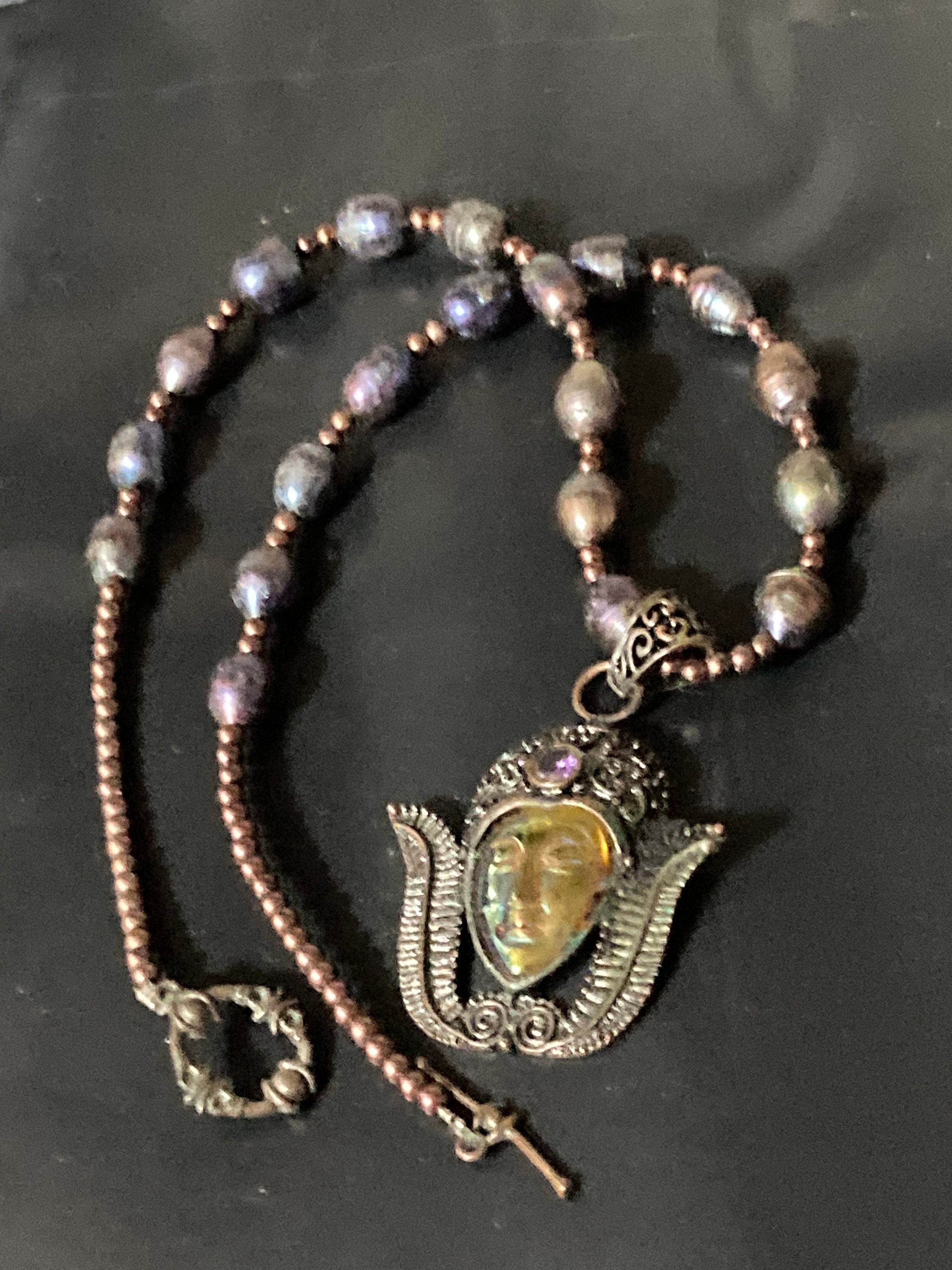 Genuine natural Dyed pearl purple beaded Tibetan face cabochon pendant drop necklace