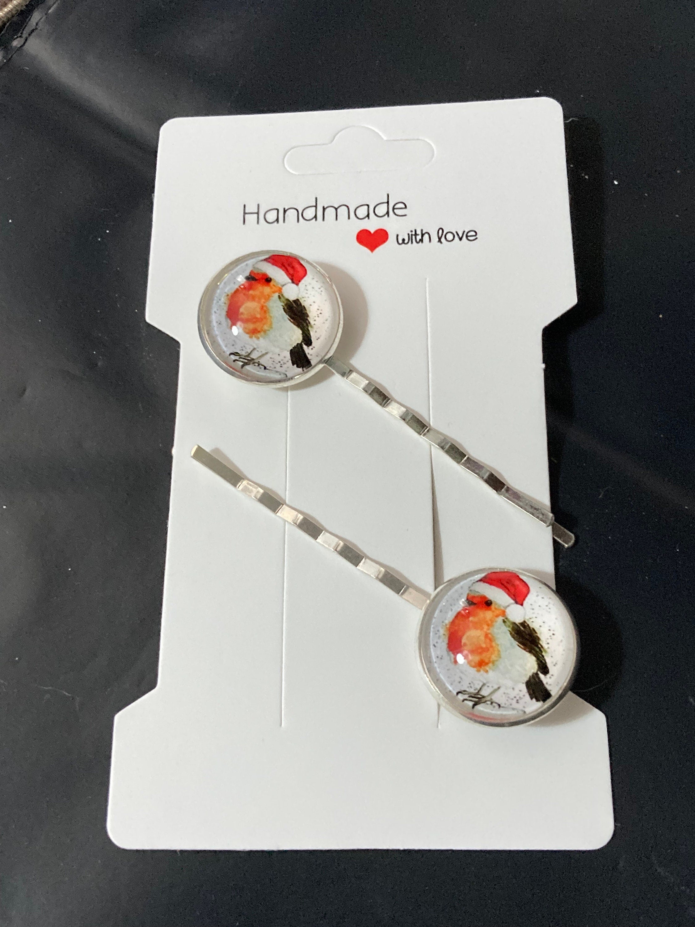 Pair of silver Christmas robin hair slides hair grips 20mm glass cabochon handmade