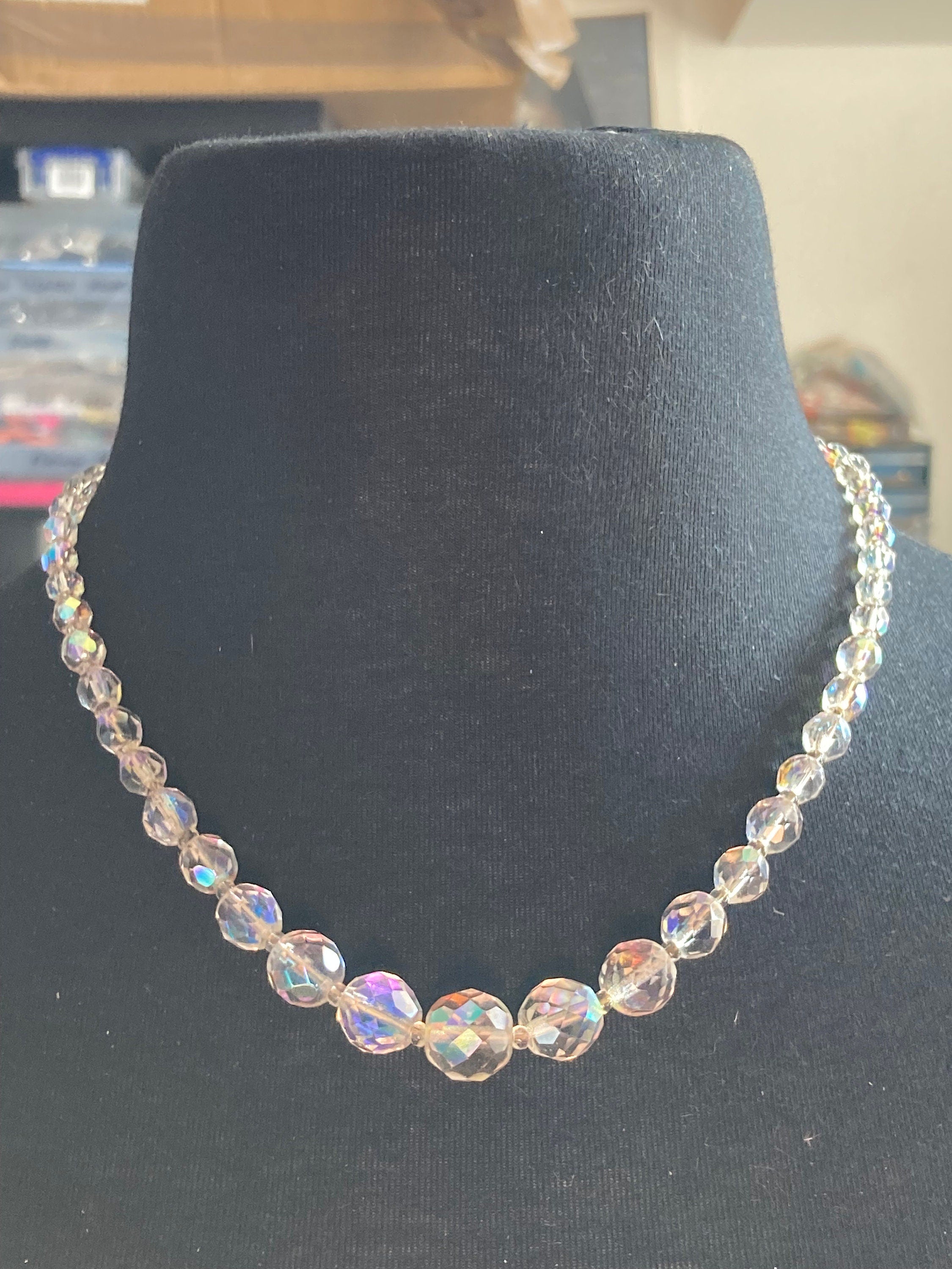 Art Deco clear aB Aurora borealis glass Crystal beaded necklace Collar mid century