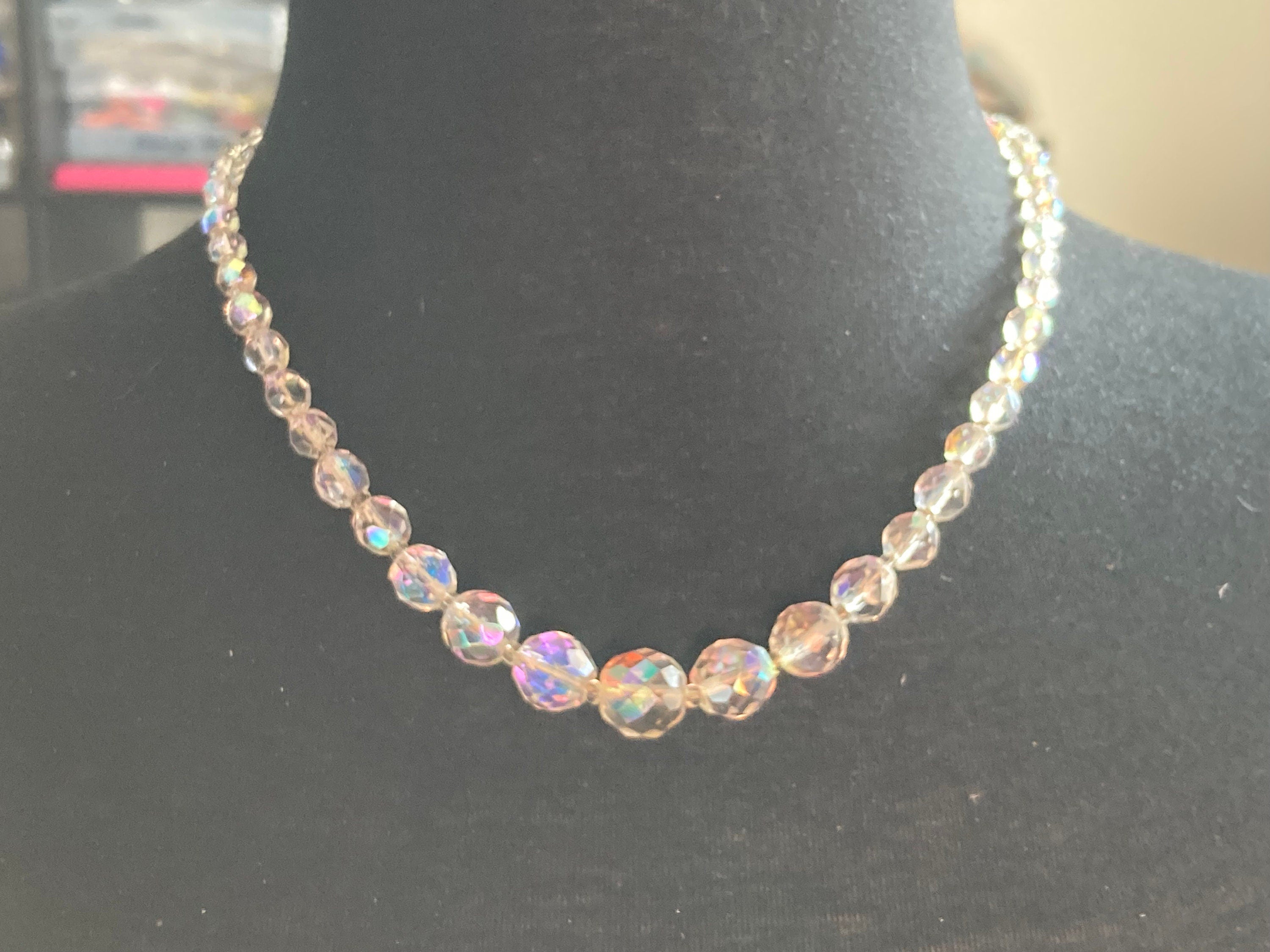 Art Deco clear aB Aurora borealis glass Crystal beaded necklace Collar mid century