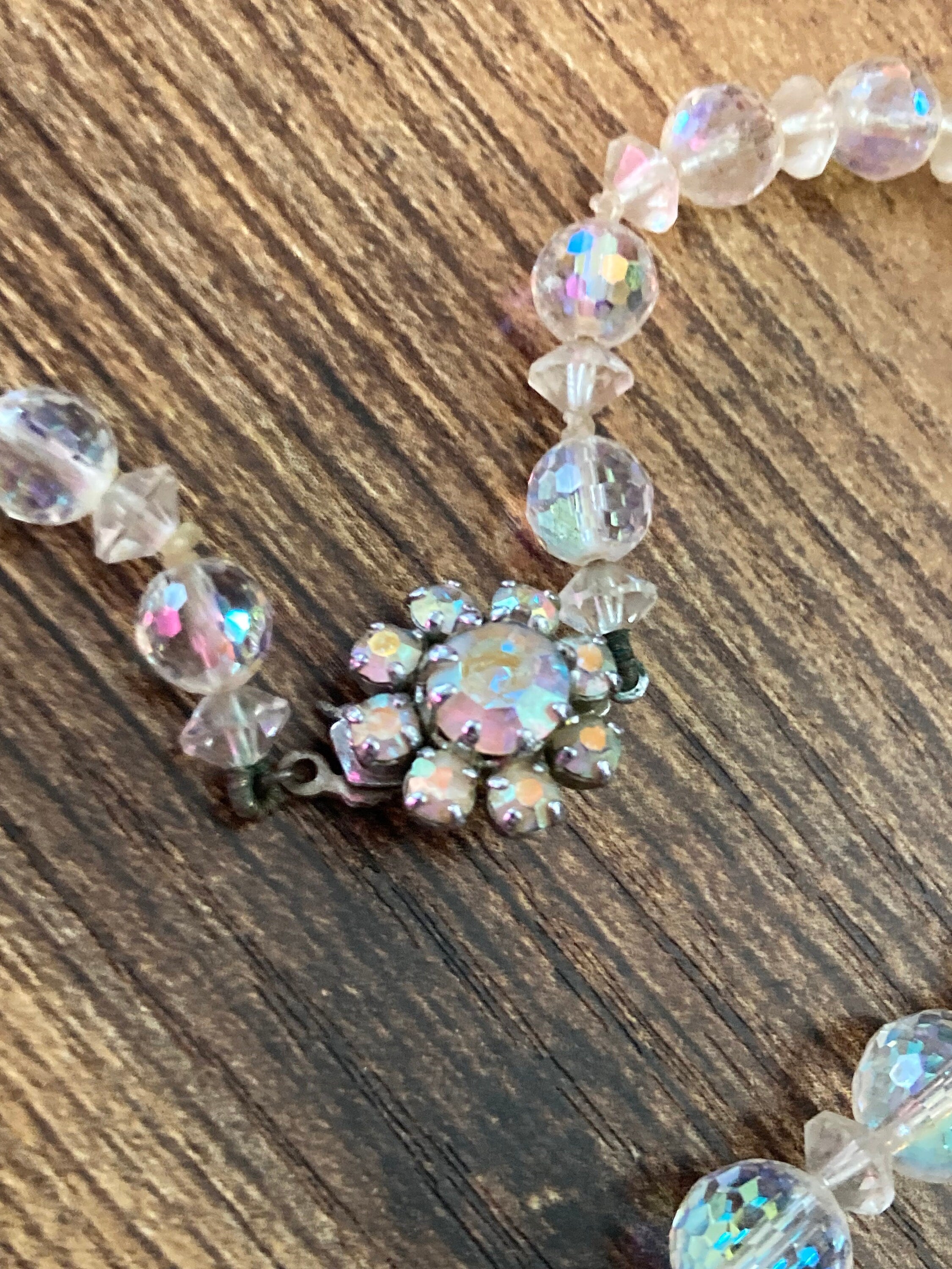 Art Deco clear aB Aurora borealis glass Crystal beaded necklace Collar mid century
