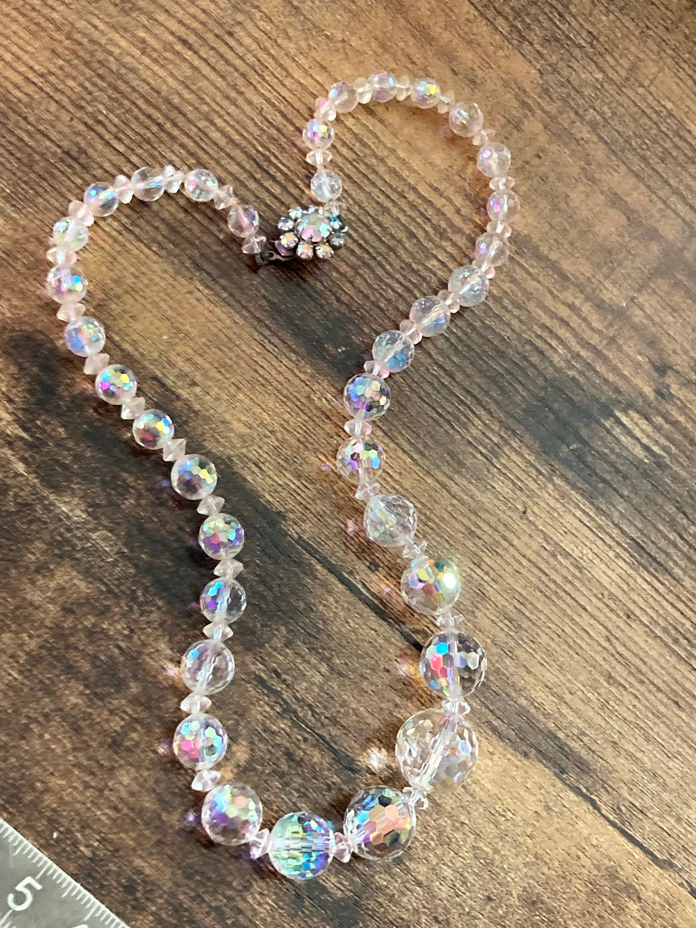 Art Deco clear aB Aurora borealis glass Crystal beaded necklace Collar mid century